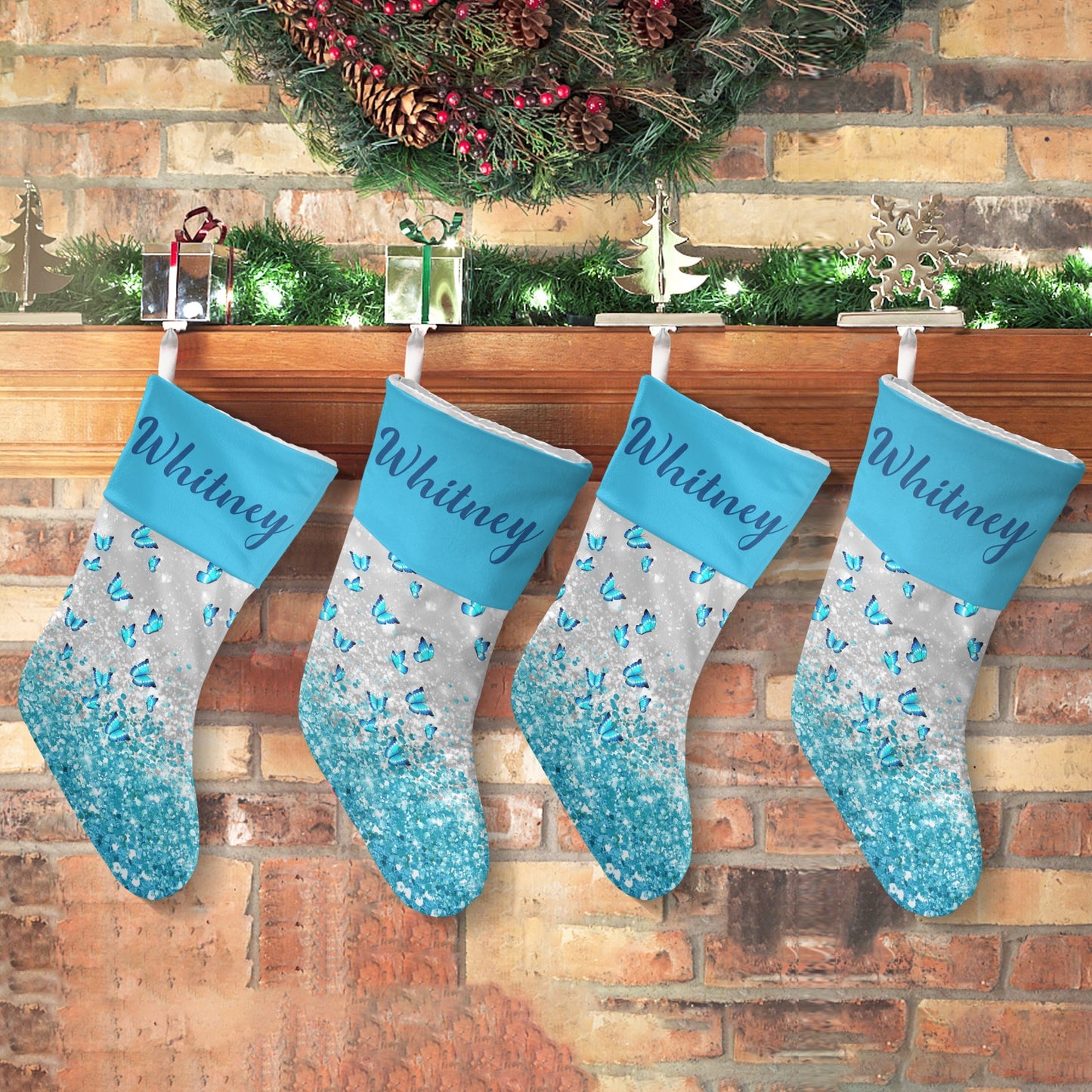 Blue Butterfly Christmas Stocking Custom Name Christmas Socks Gift