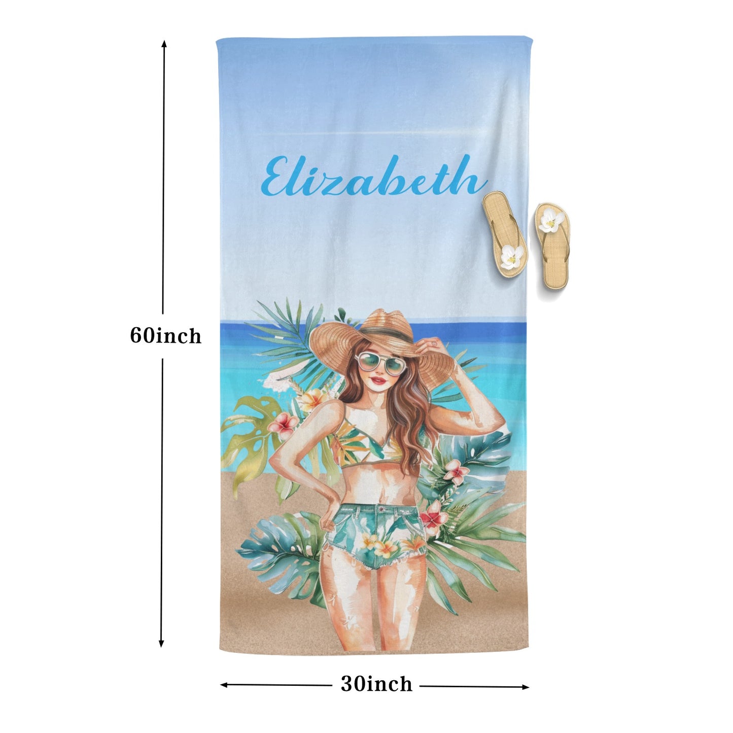 Beach Girl Beach Towel Custom Cotton/Poly Blend Pool Towel - Blue - Personalize with Your Name - Standard Size