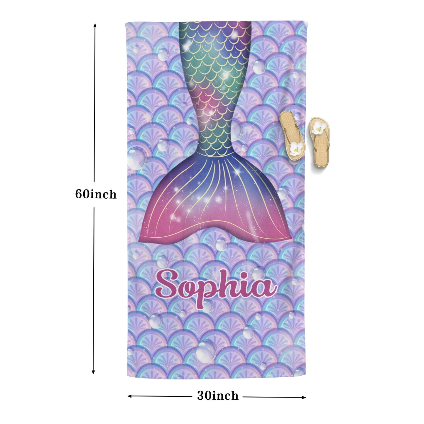 Cute Mermaid Tail Beach Towel Custom Cotton/Poly Blend Pool Towel - Blue - Personalize with Your Name - Standard Size