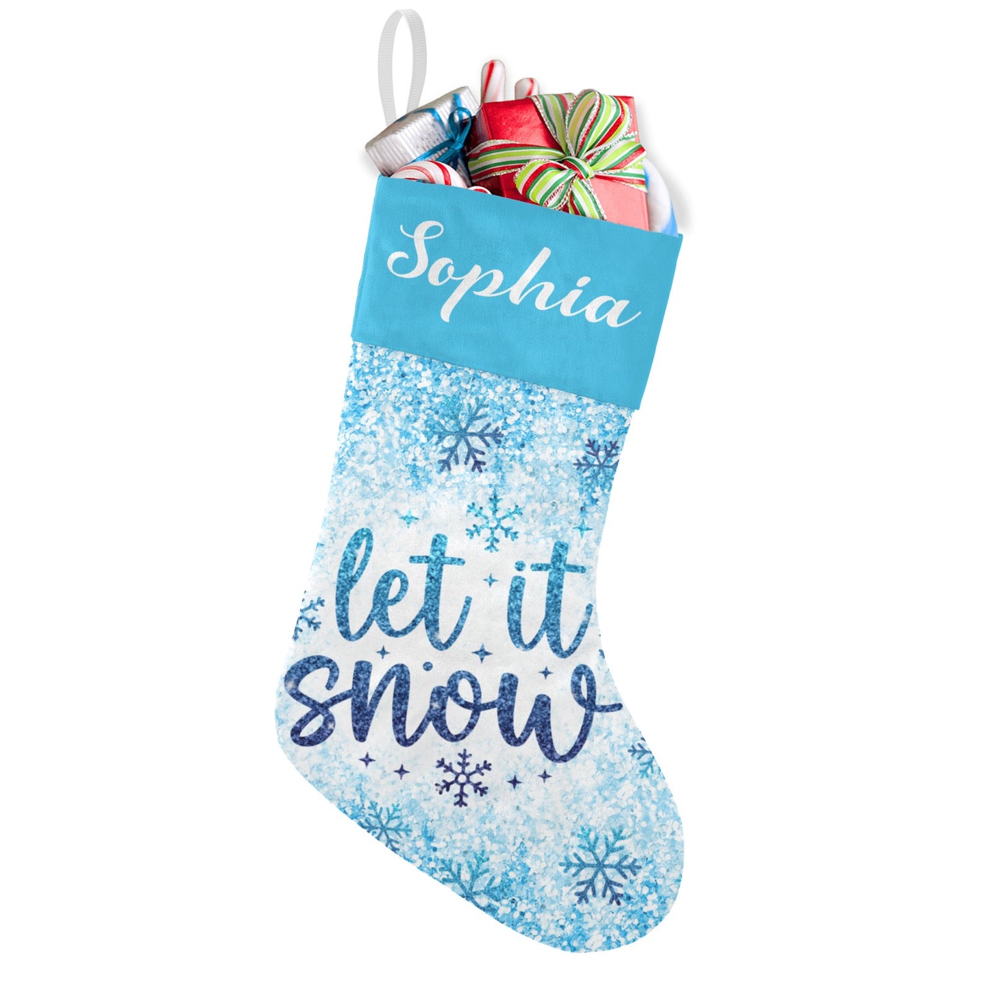Let It Snow Blue Christmas Stocking Custom Name Christmas Socks Gift