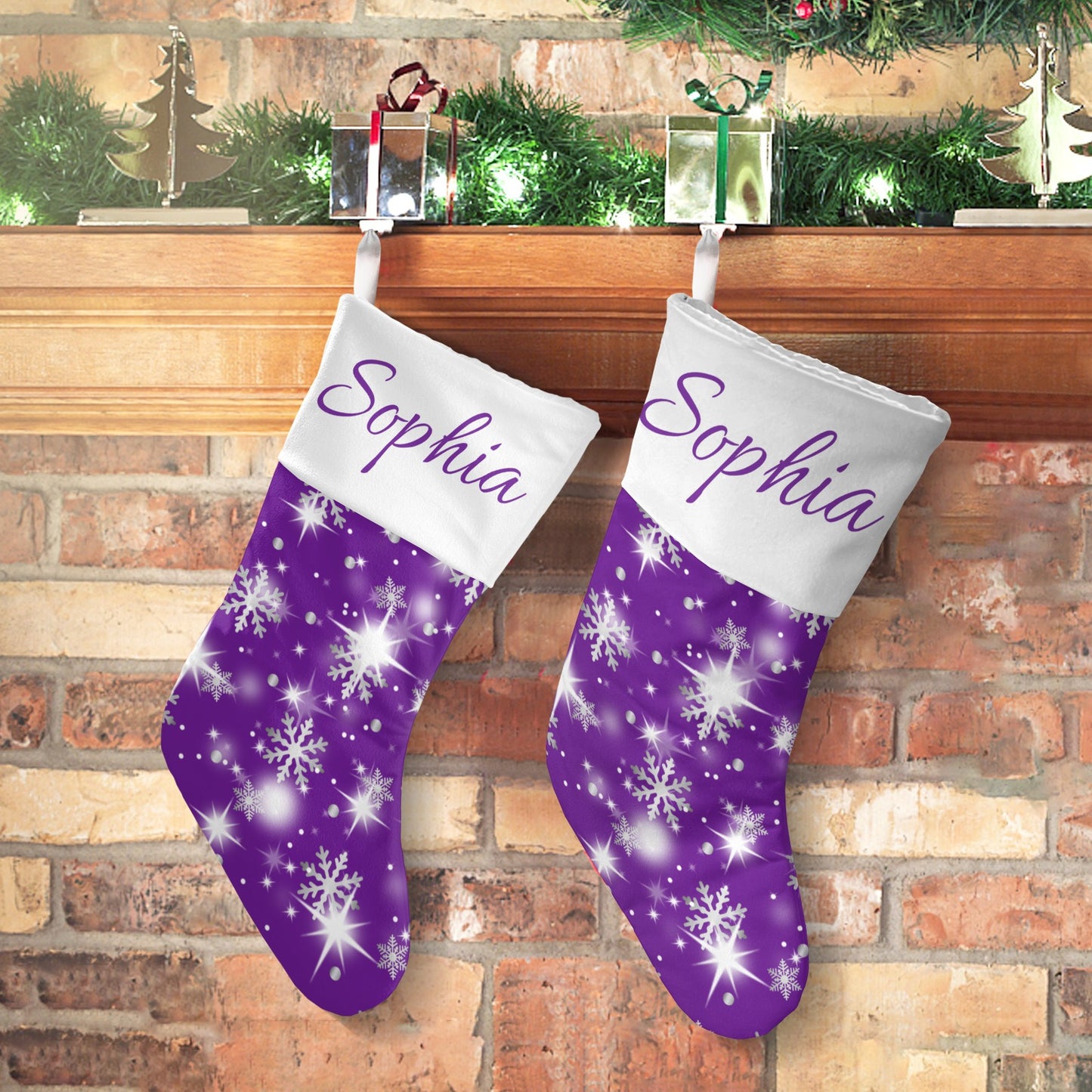 Snow flake purple Christmas Stocking Custom Name Santa Socks Gift