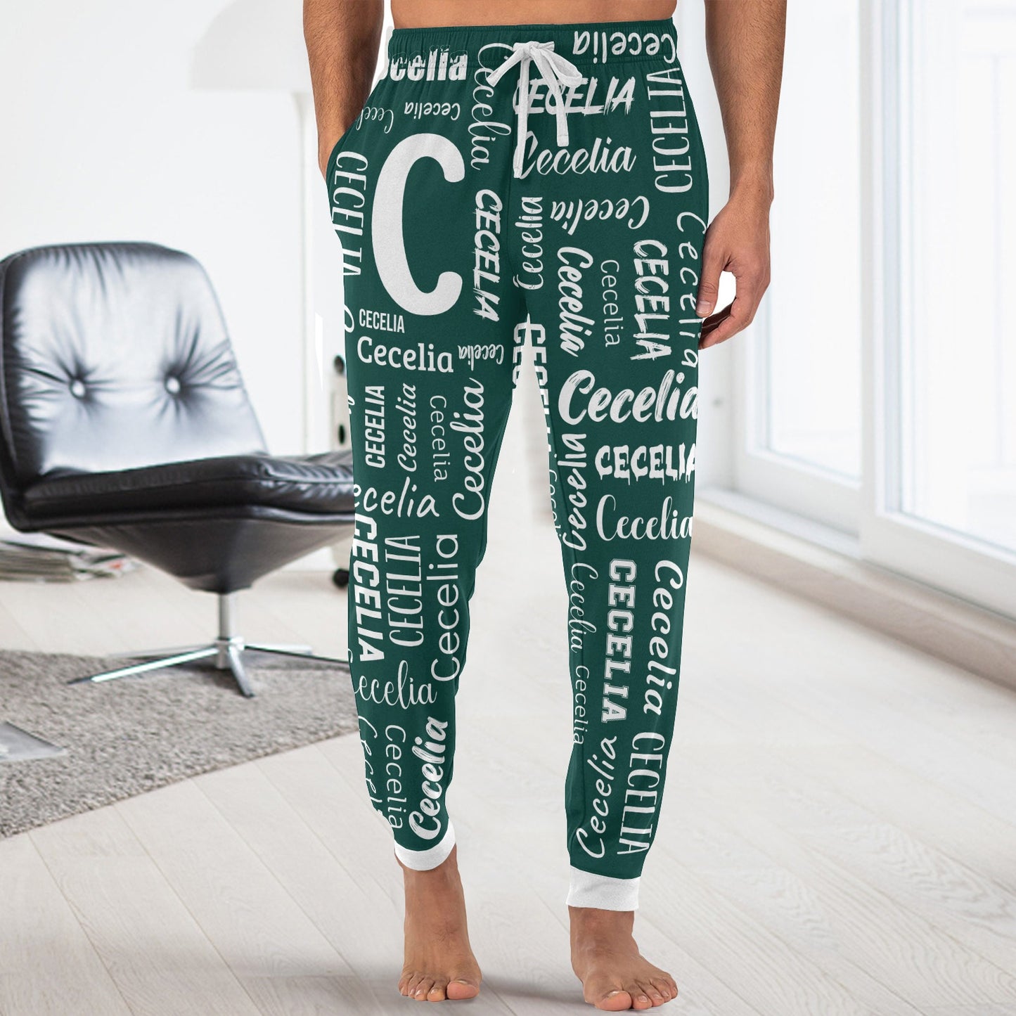 Monogram Green Men S Pajama Pants Personalized Funny Sleepwear Pants Customized Pj Trousers Gifts for Him