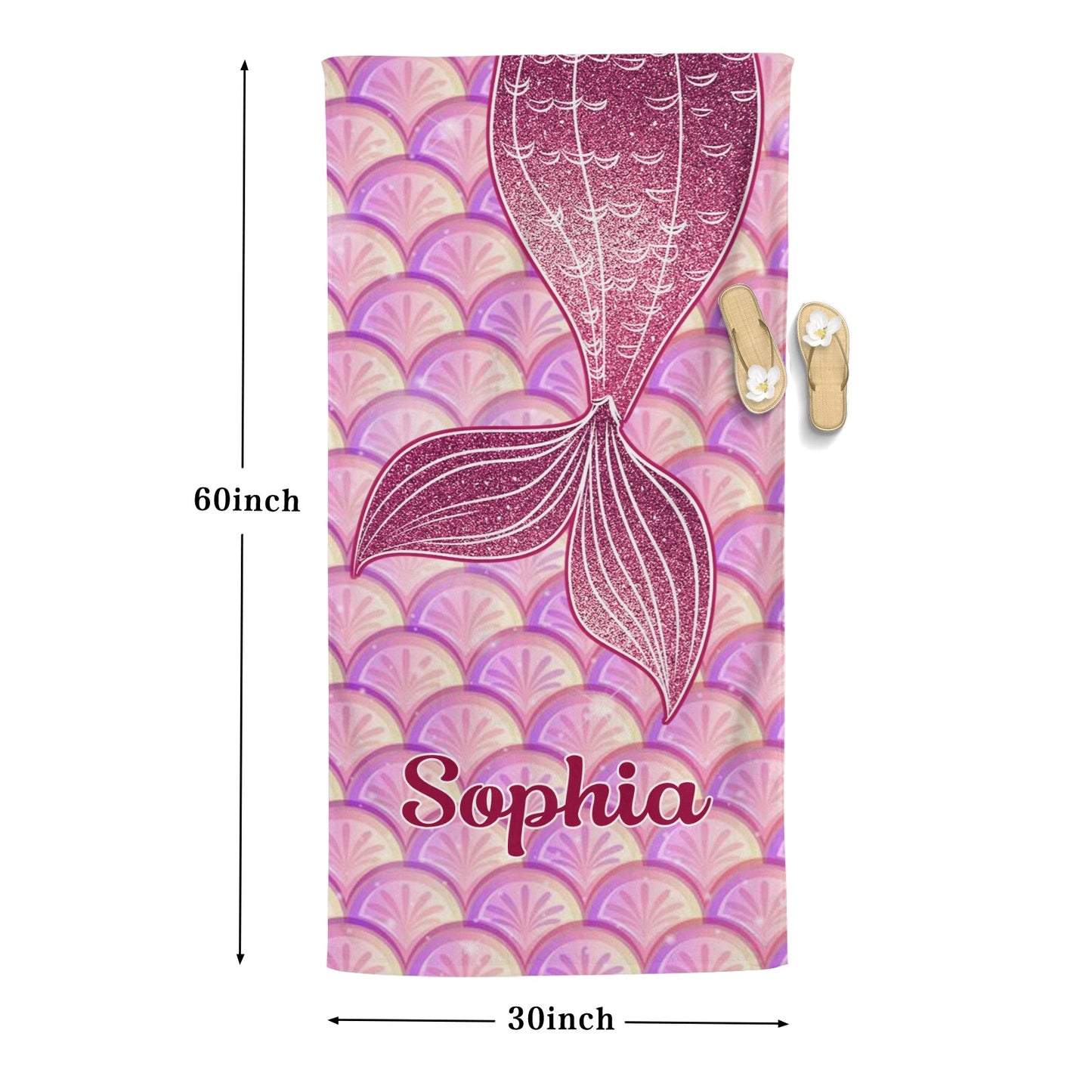 Mermaid Tail Purple Beach Towel Custom Cotton/Poly Blend Pool Towel - Blue - Personalize with Your Name - Standard Size