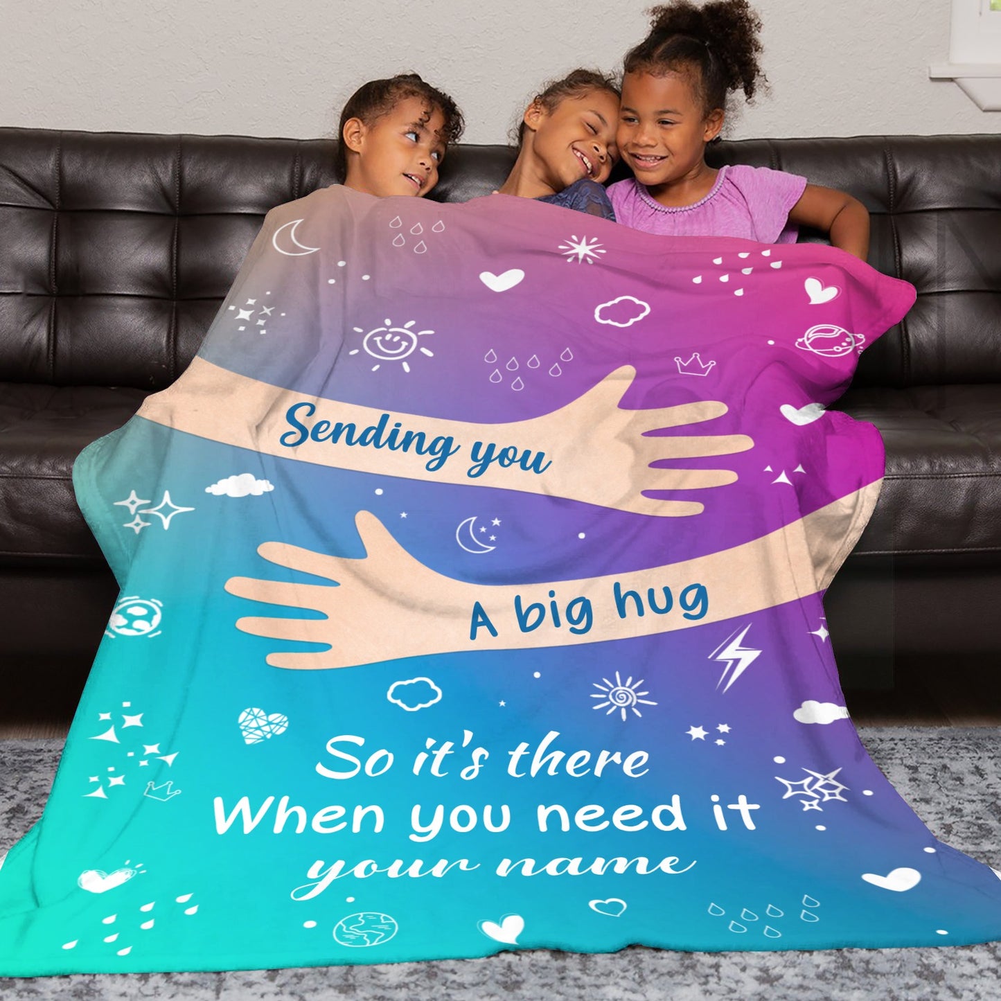 Big Hug Purple Green Flannel Blanket Custom Name Blanket Gift for Men Women