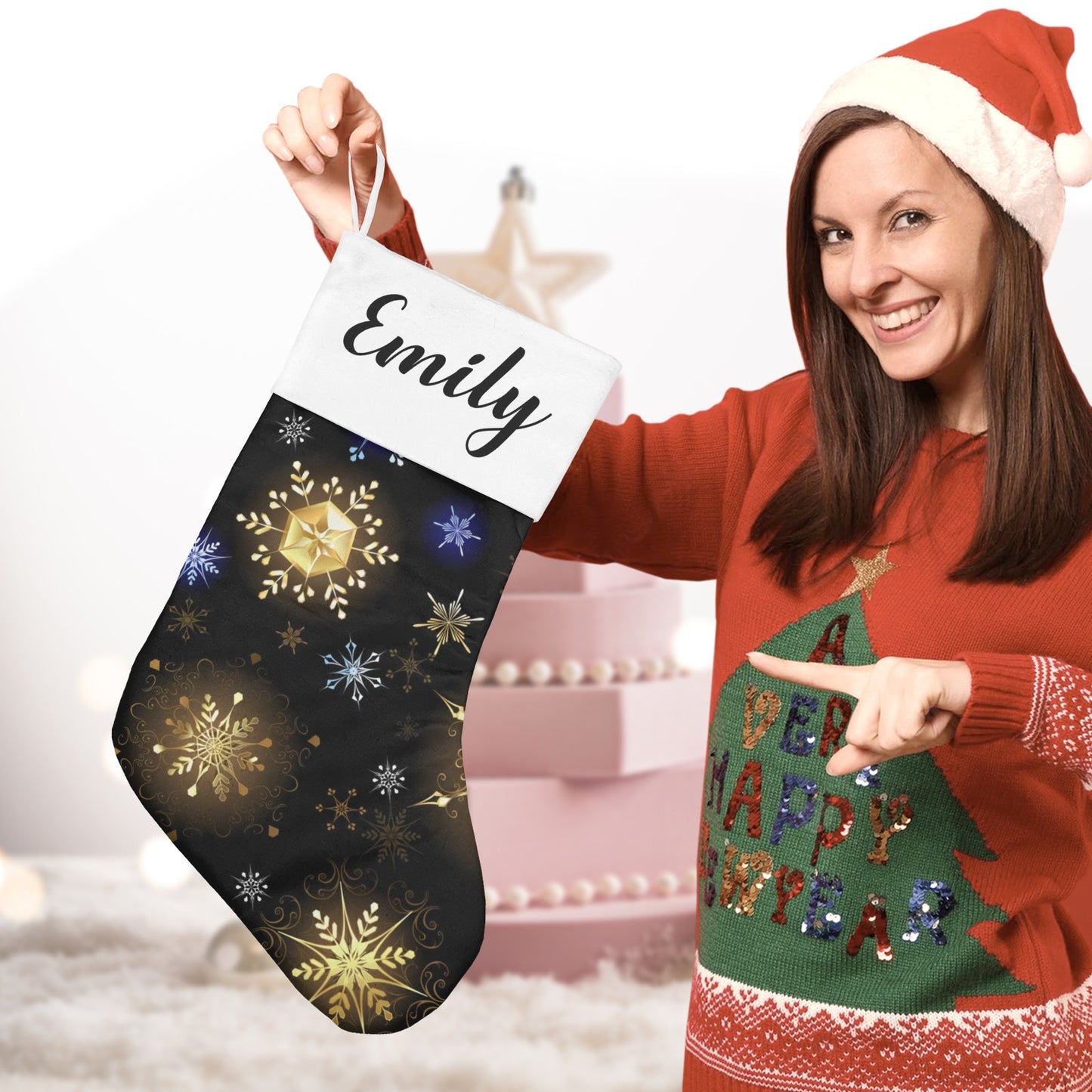 Snowflakes Black Christmas Stocking Custom Name Christmas Socks Gift