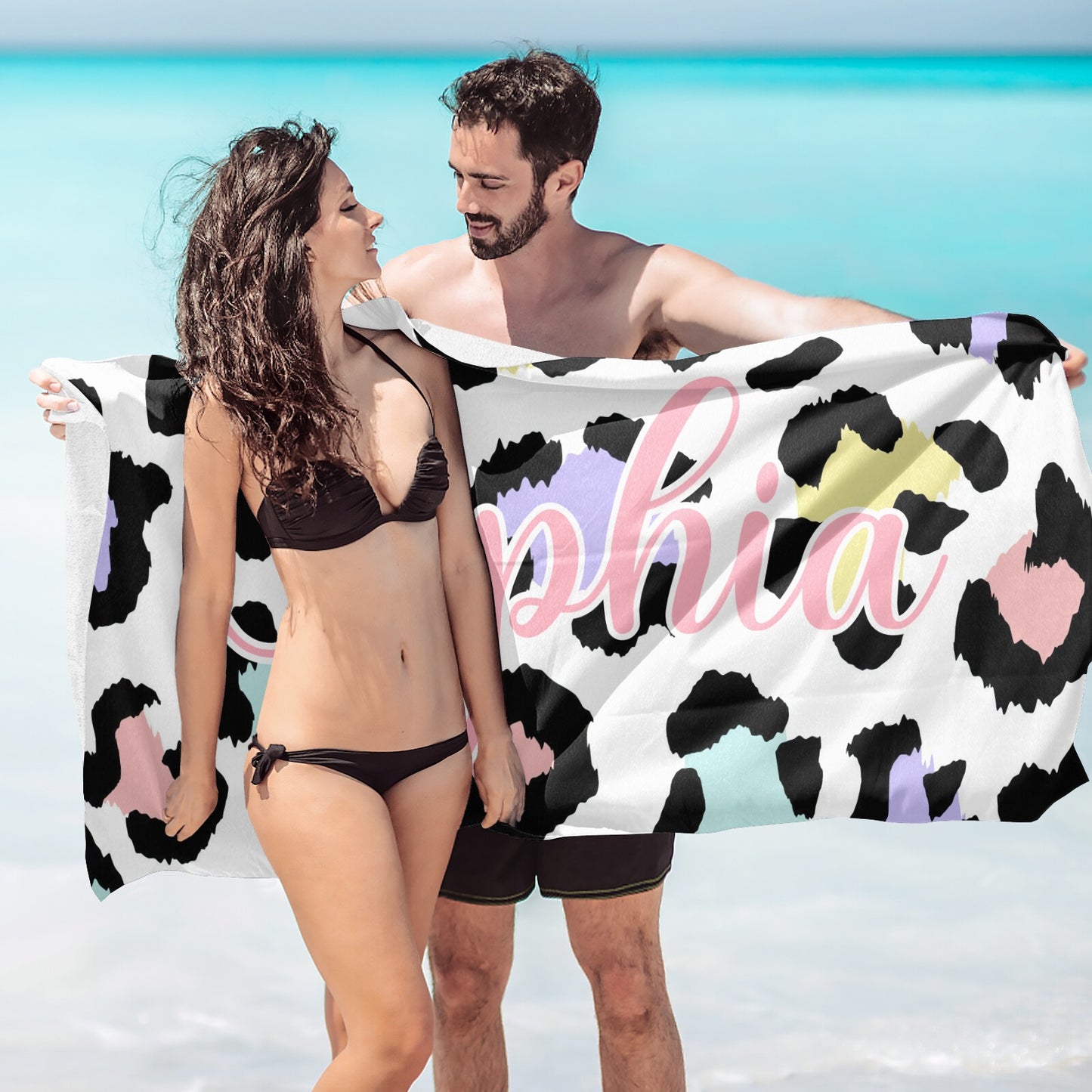 Leopard Print Beach Towel Custom Cotton/Poly Blend Pool Towel - Blue - Personalize with Your Name - Standard Size