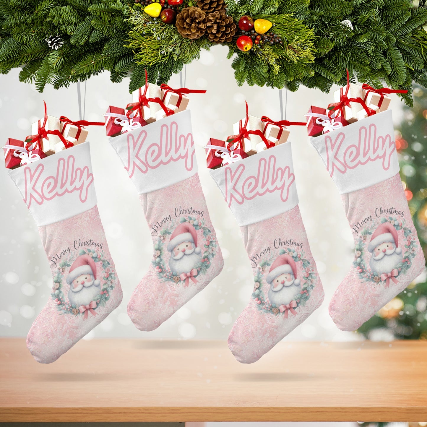 Pink Santa Claus Christmas Stocking Custom Name Santa Socks Gift