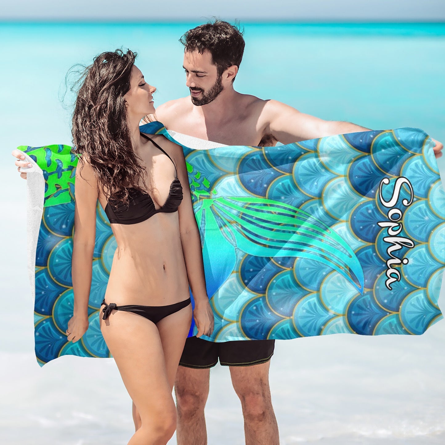 Mermaid Blue Beach Towel Custom Cotton/Poly Blend Pool Towel - Blue - Personalize with Your Name - Standard Size