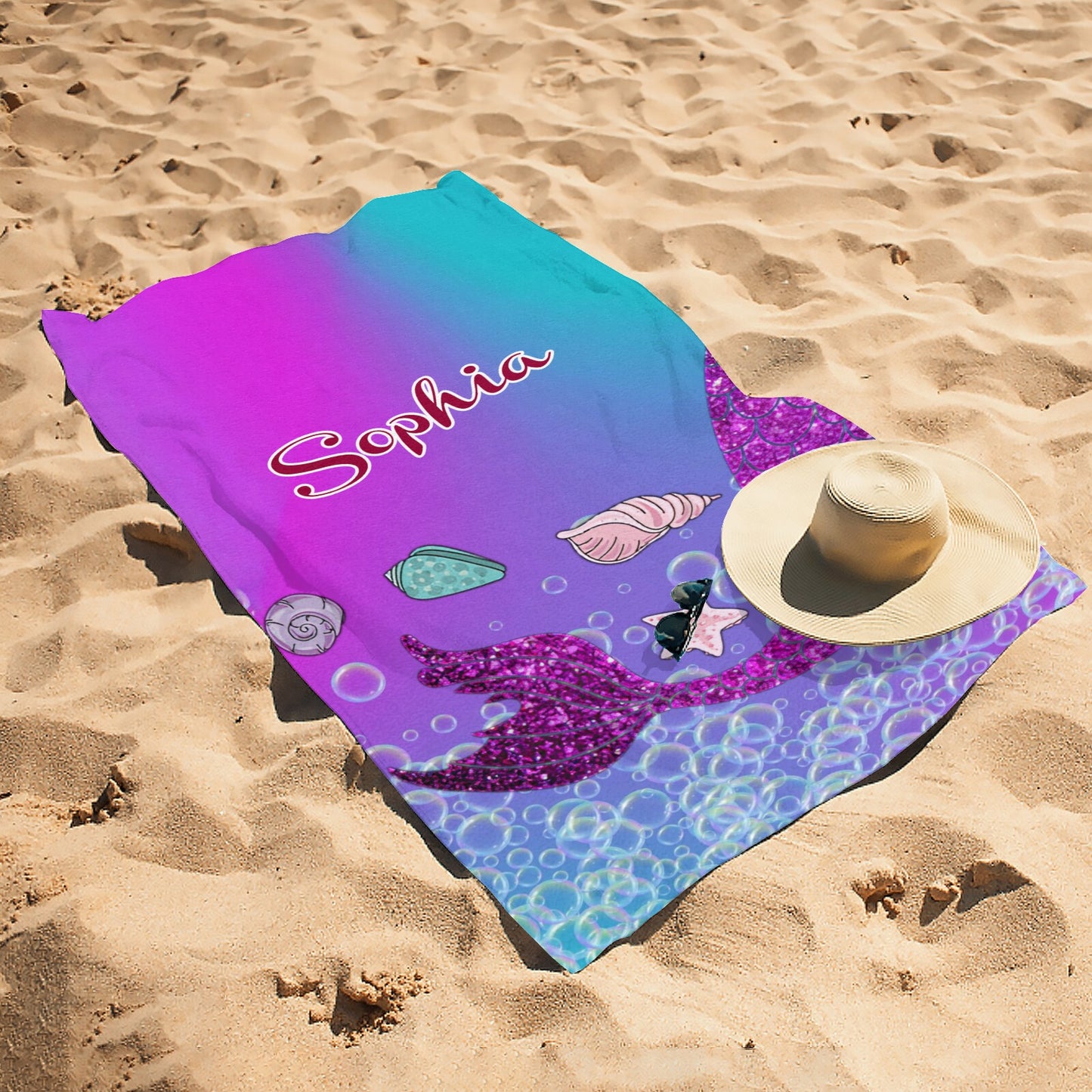Mermaid Tail Beach Towel Custom Cotton/Poly Blend Pool Towel - Blue - Personalize with Your Name - Standard Size