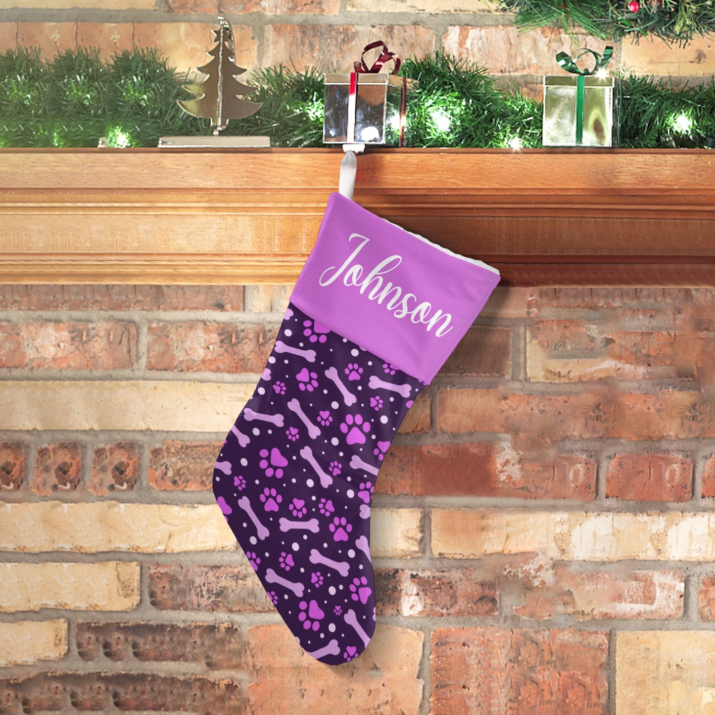Dog Paw Purple Christmas Stocking Custom Name Christmas Socks Gift