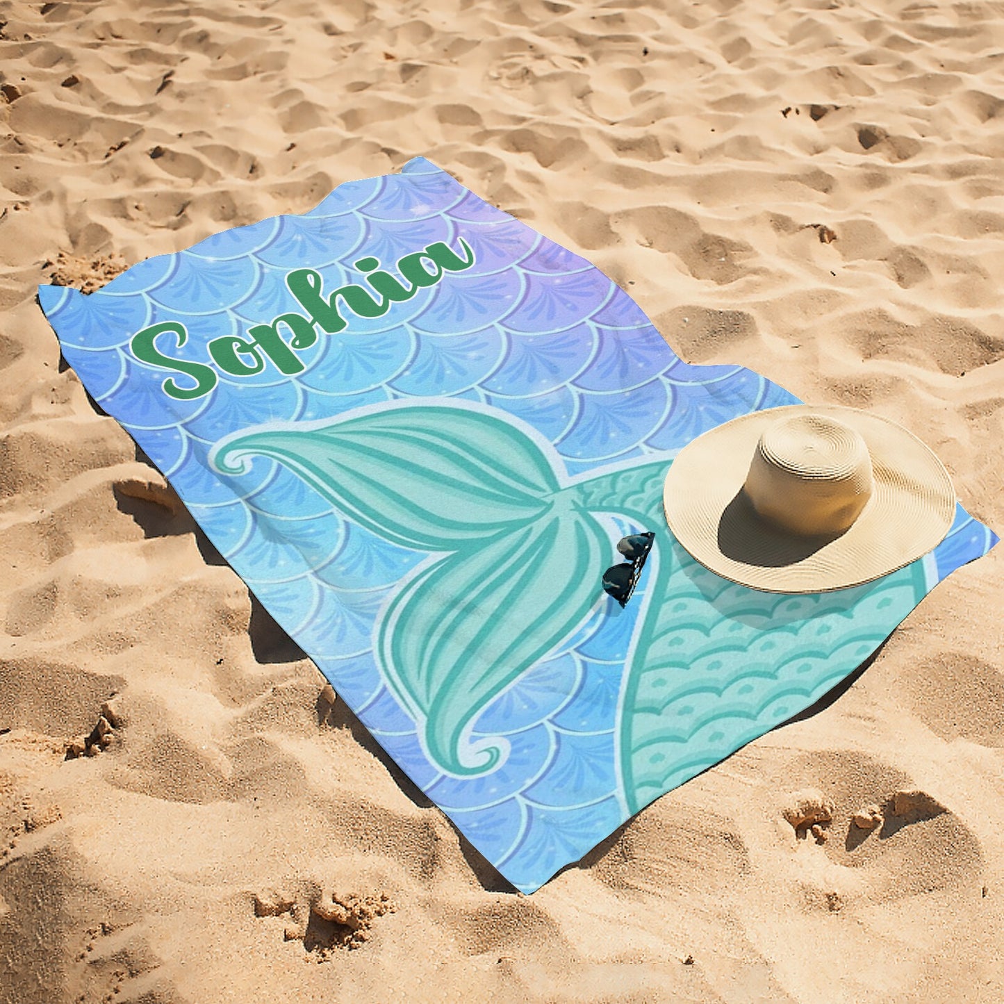 Mermaid Tail Green Beach Towel Custom Cotton/Poly Blend Pool Towel - Blue - Personalize with Your Name - Standard Size