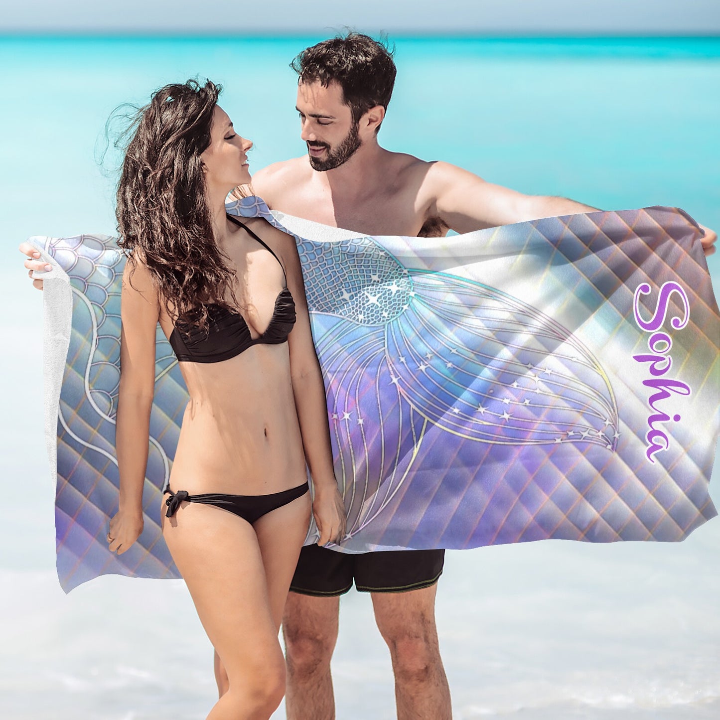 Mermaid Tail Beach Towel Custom Cotton/Poly Blend Pool Towel - Blue - Personalize with Your Name - Standard Size