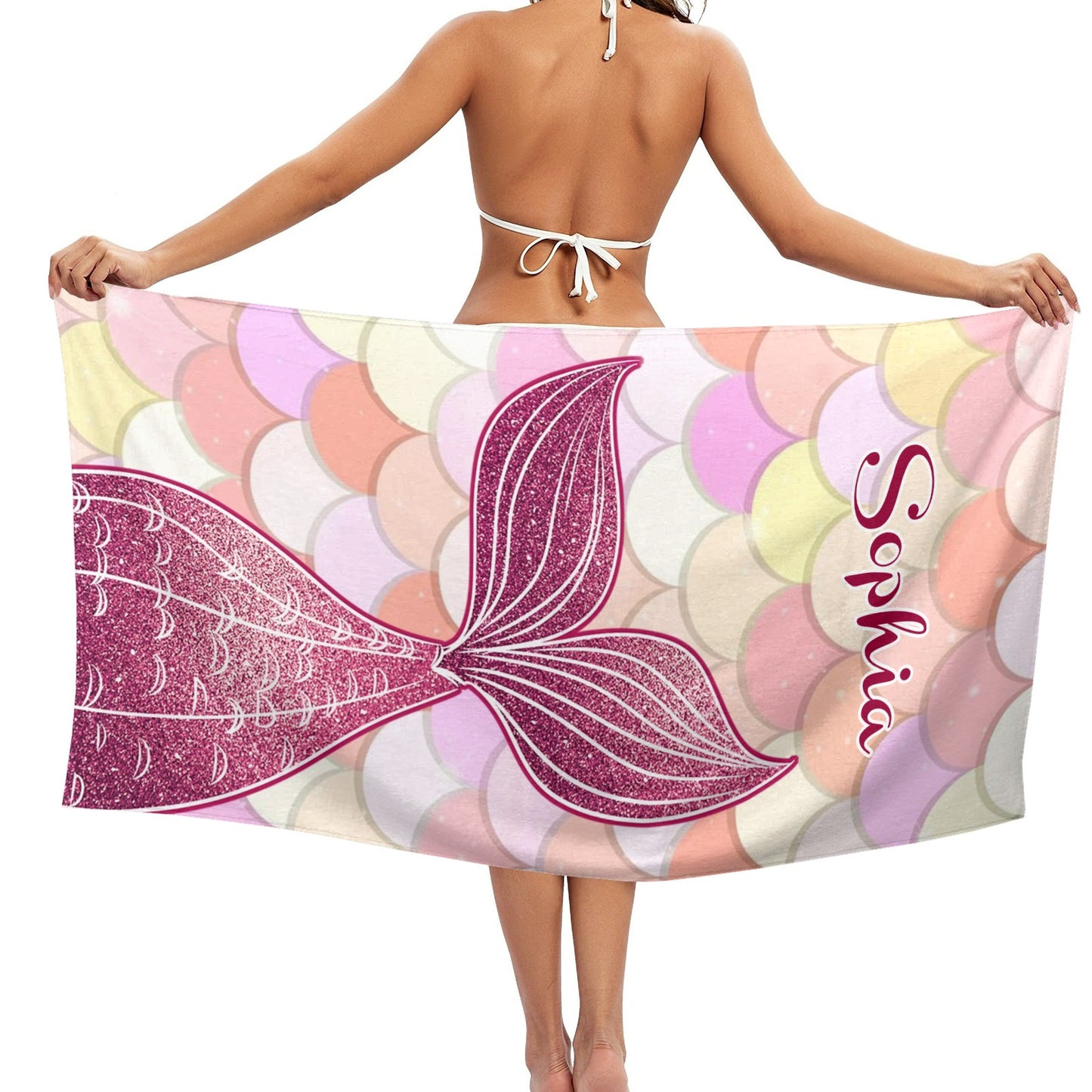 Red Mermaid Tail Beach Towel Custom Cotton/Poly Blend Pool Towel - Blue - Personalize with Your Name - Standard Size