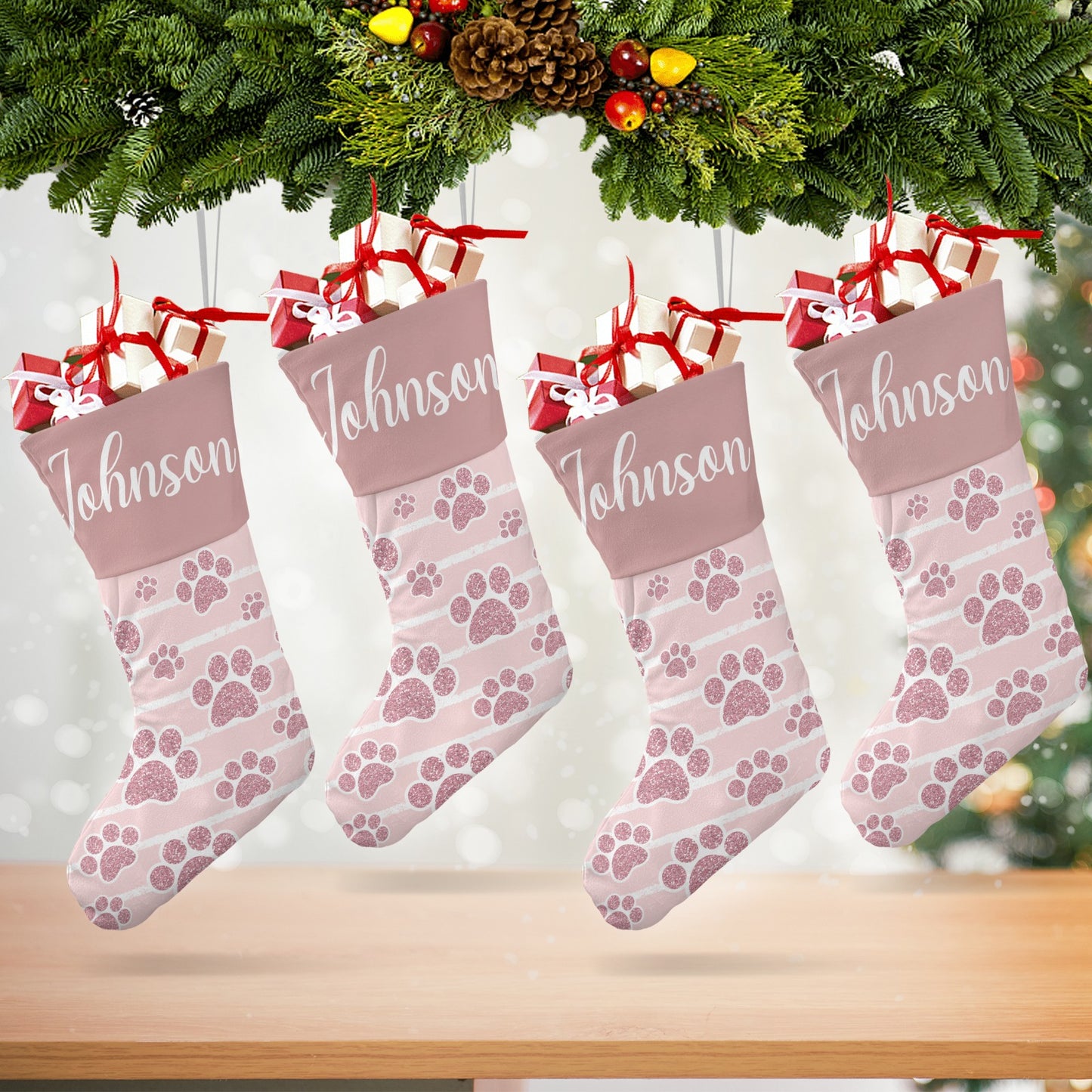 Pink Dog Paw Christmas Stocking Custom Name Christmas Socks Gift