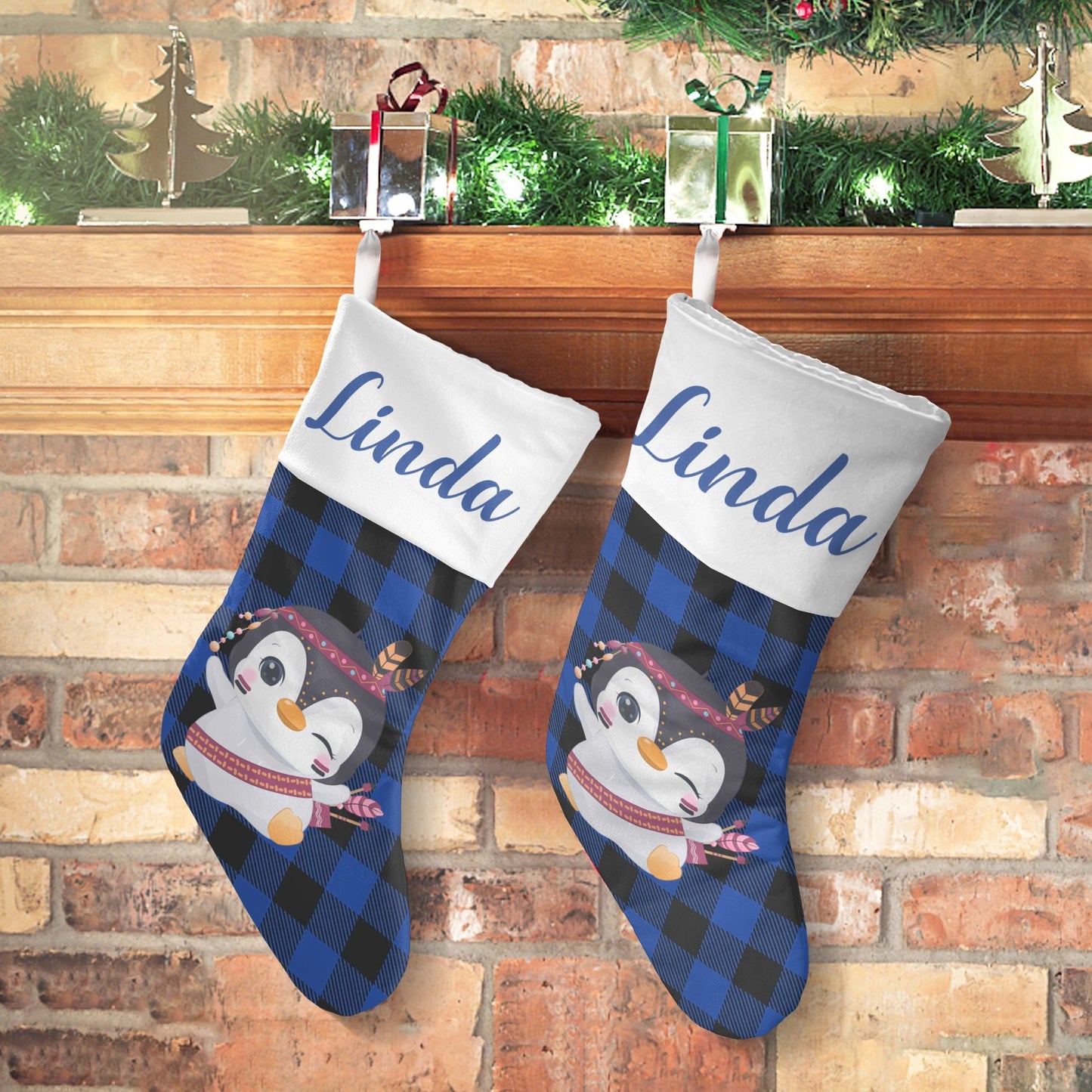 Blue Buffalo Penguin Christmas Stocking Custom Name Christmas Socks Gift
