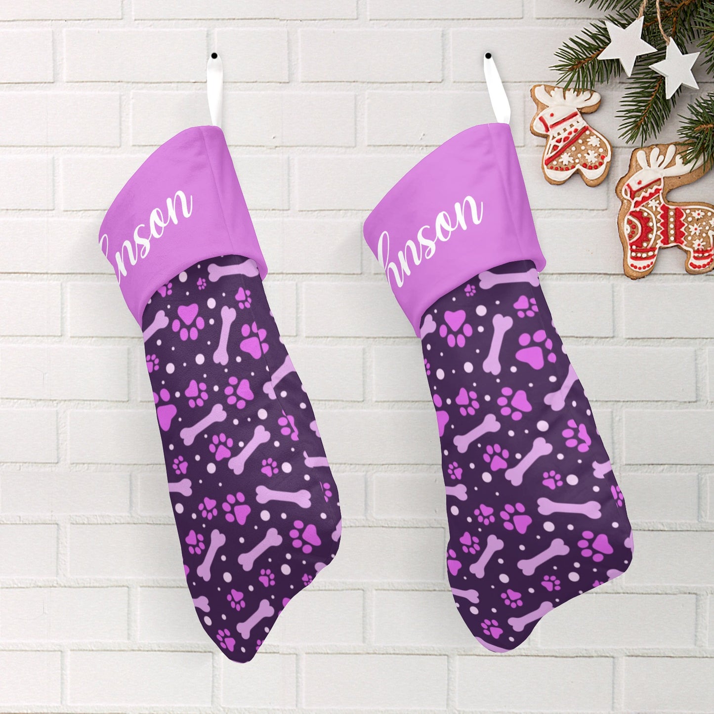 Dog Paw Purple Christmas Stocking Custom Name Christmas Socks Gift