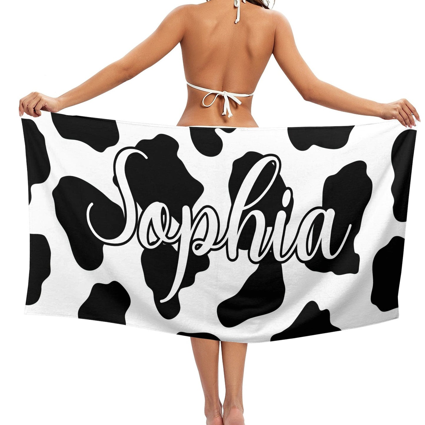 Cow Print Beach Towel Custom Cotton/Poly Blend Pool Towel - Blue - Personalize with Your Name - Standard Size