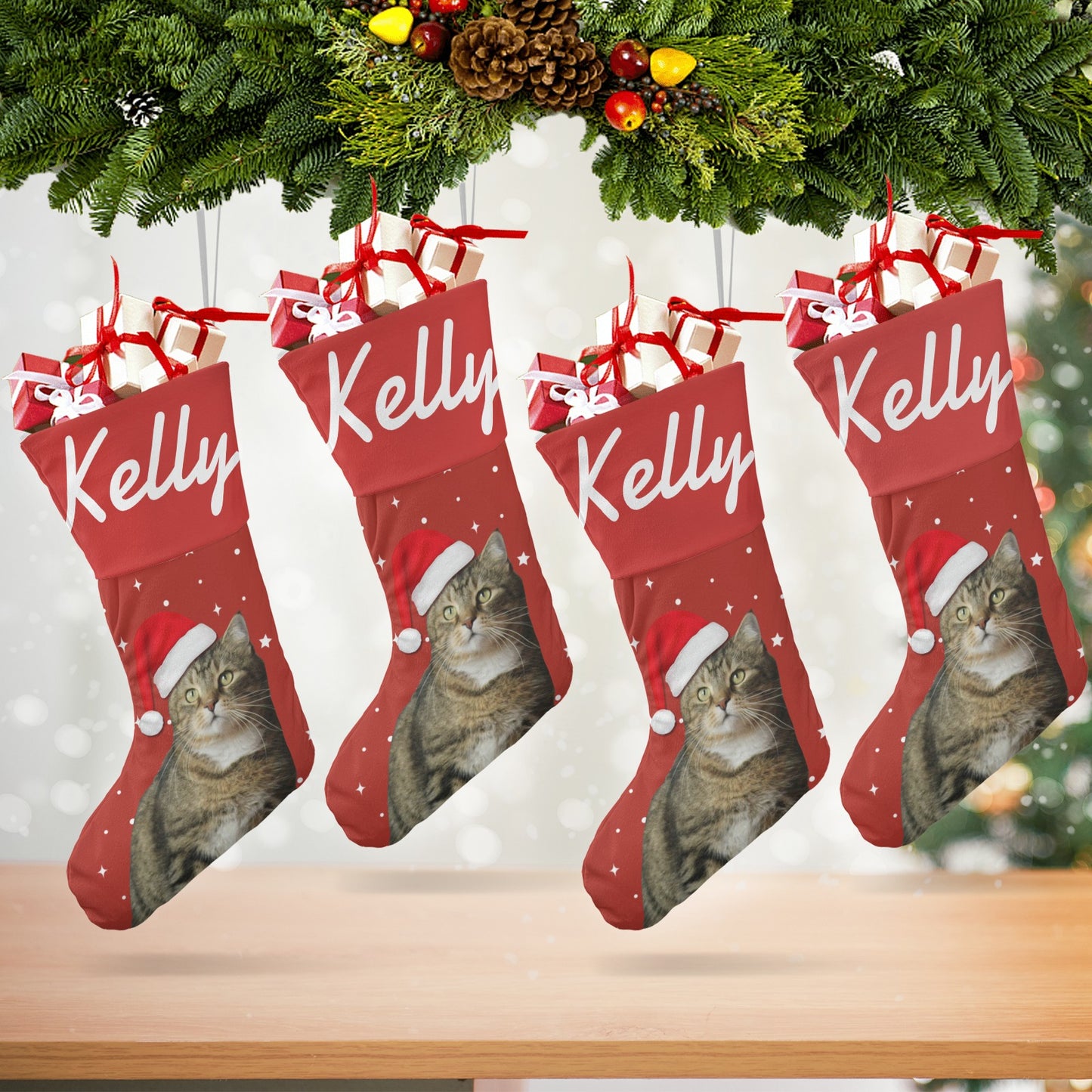 Cat Red Christmas Stocking Custom Name Santa Socks Gift