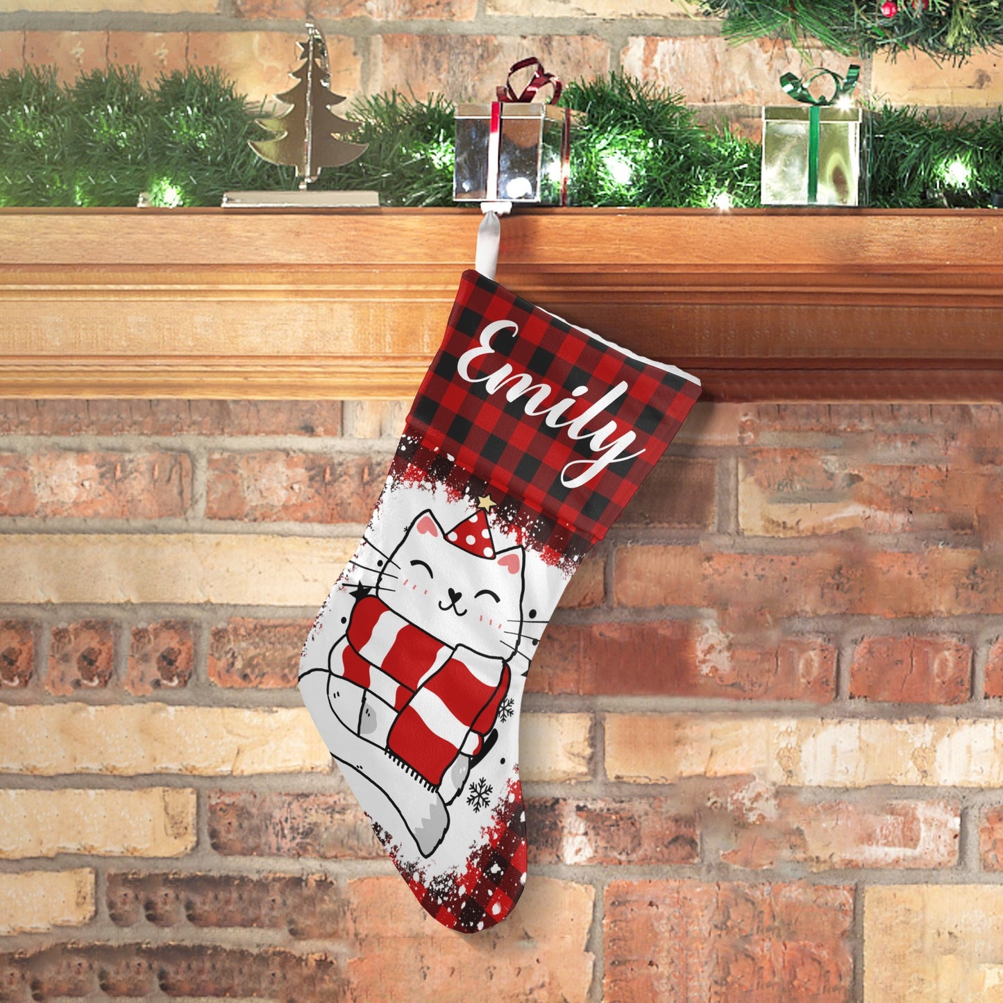 Buffalo Plaid Cat Christmas Stocking Custom Name Christmas Socks Gift