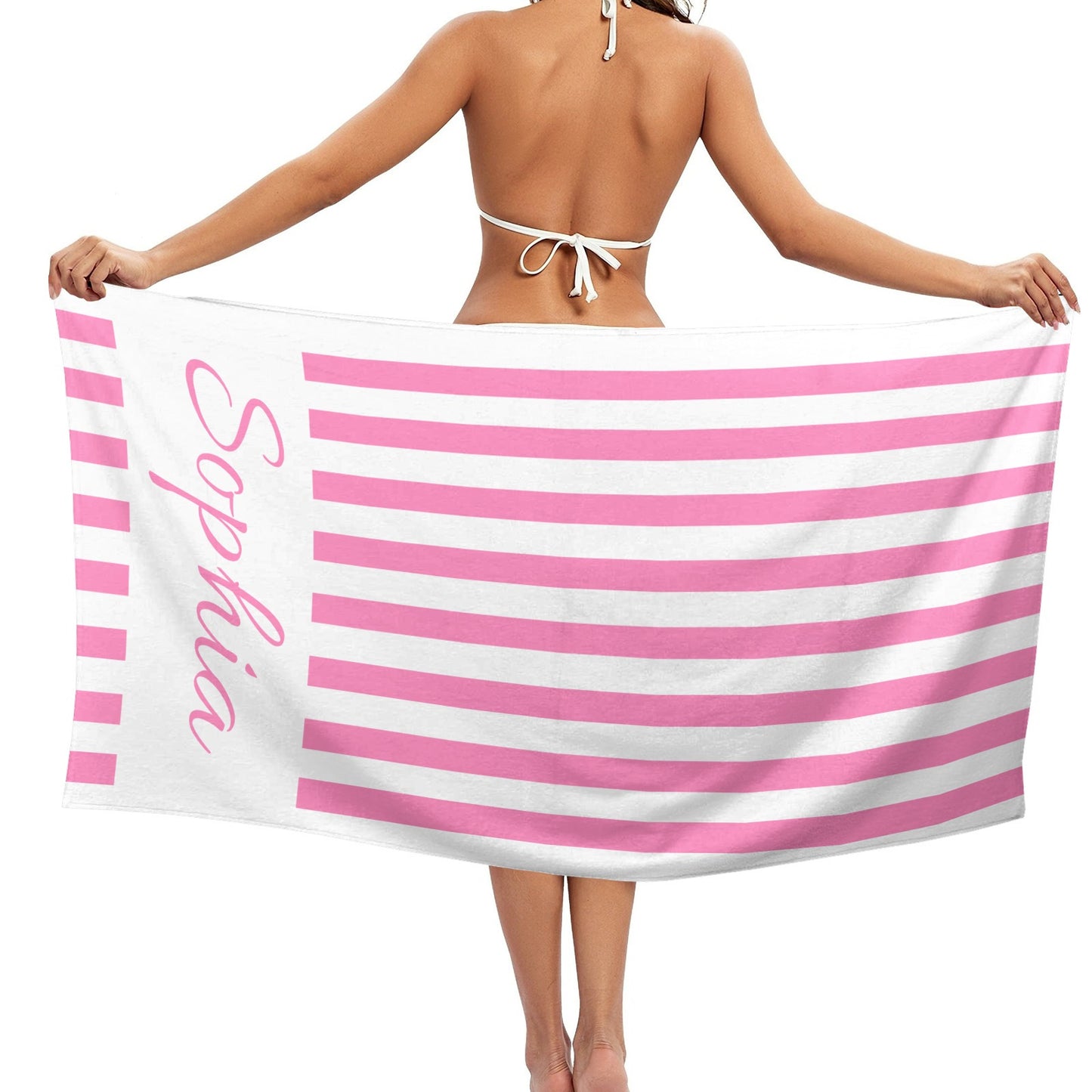 Pink Stripe Beach Towel Custom Cotton/Poly Blend Pool Towel - Blue - Personalize with Your Name - Standard Size