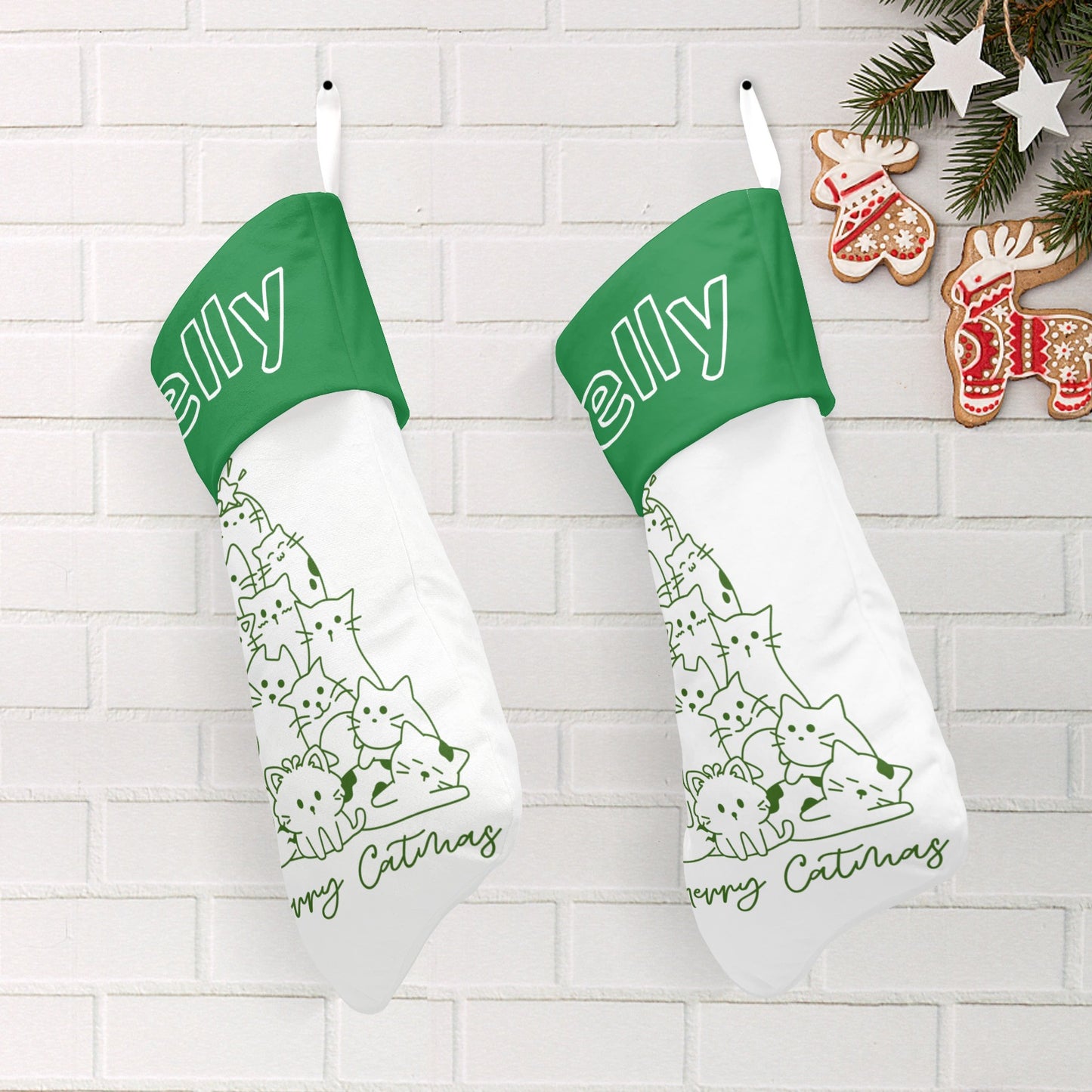 Green Cat Tree Christmas Stocking Custom Name Santa Socks Gift