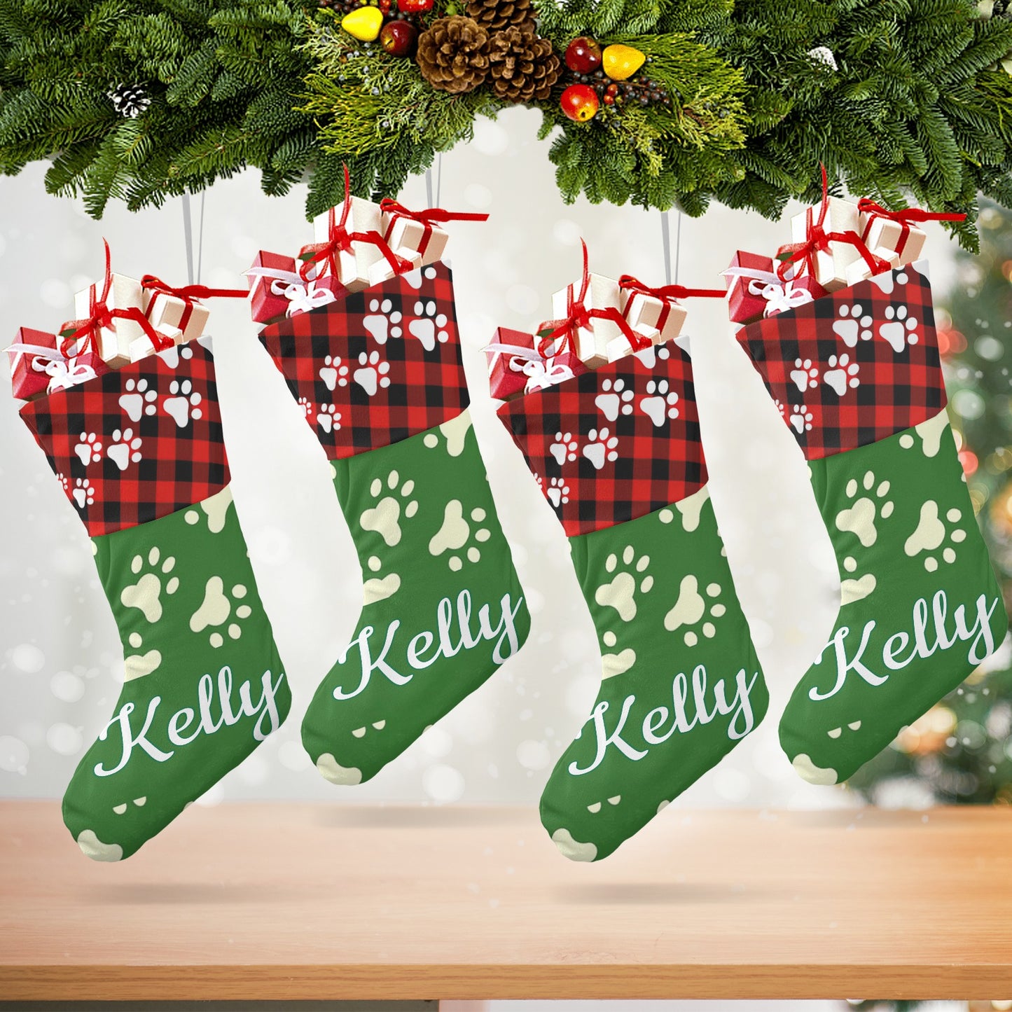 Dog Footprints Christmas Stocking Custom Name Santa Socks Gift
