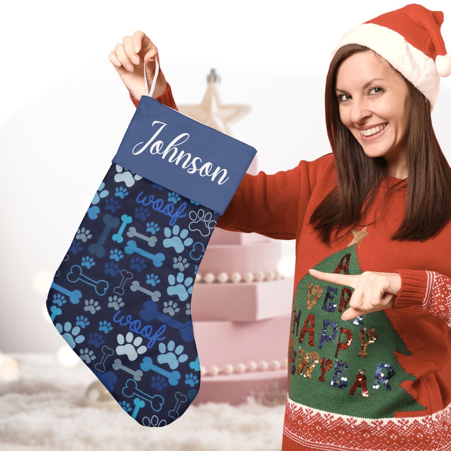 Dog Paw Navy Christmas Stocking Custom Name Christmas Socks Gift