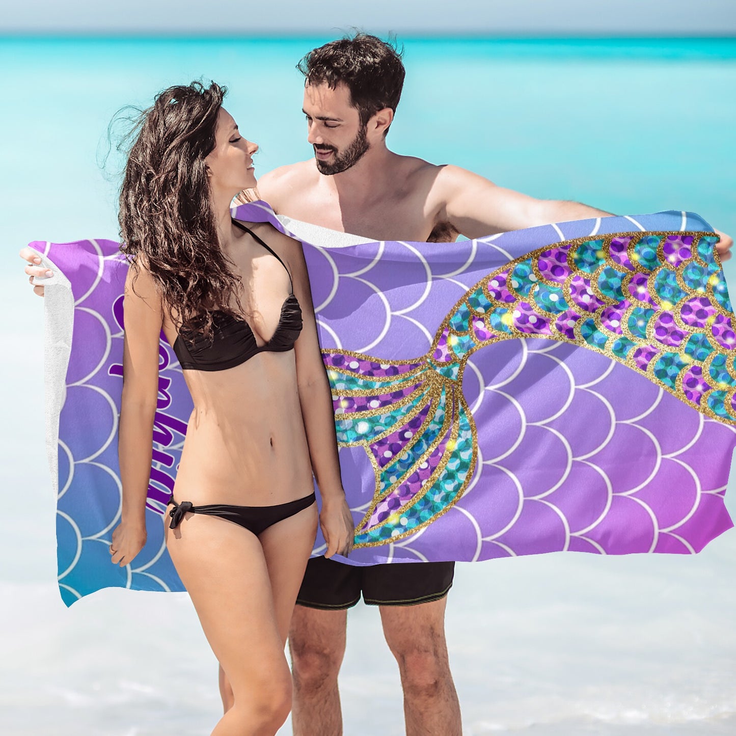 Purple Mermaid Tail Beach Towel Custom Cotton/Poly Blend Pool Towel - Blue - Personalize with Your Name - Standard Size