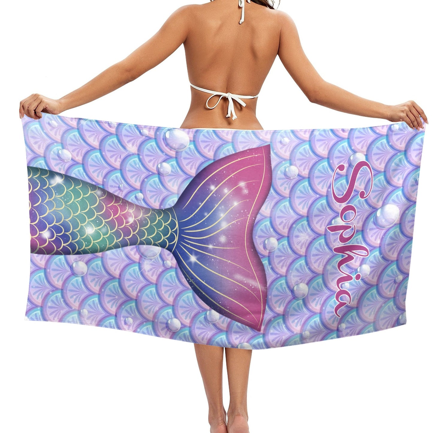 Cute Mermaid Tail Beach Towel Custom Cotton/Poly Blend Pool Towel - Blue - Personalize with Your Name - Standard Size