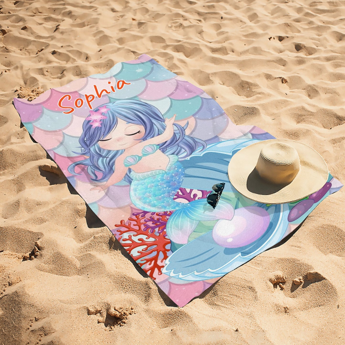 Cute Mermaid Beach Towel Custom Cotton/Poly Blend Pool Towel - Blue - Personalize with Your Name - Standard Size