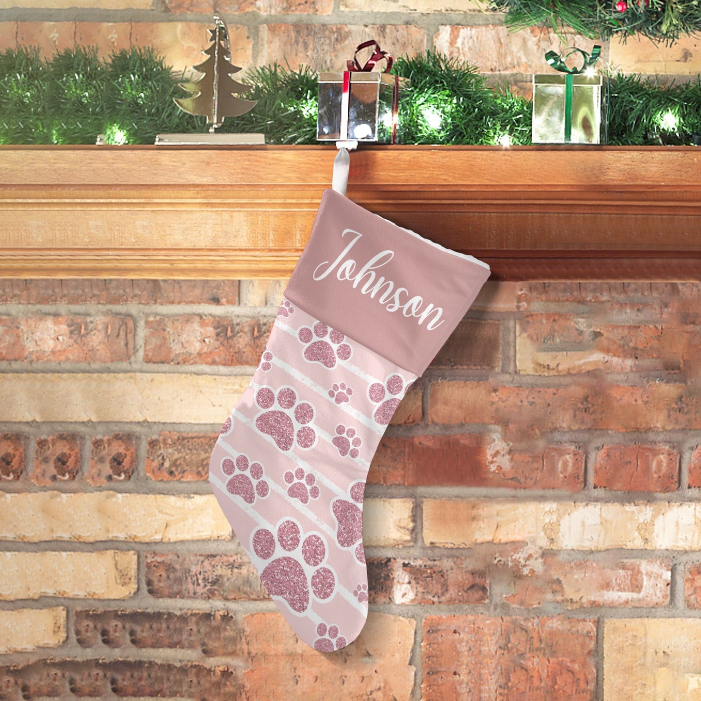 Pink Dog Paw Christmas Stocking Custom Name Christmas Socks Gift