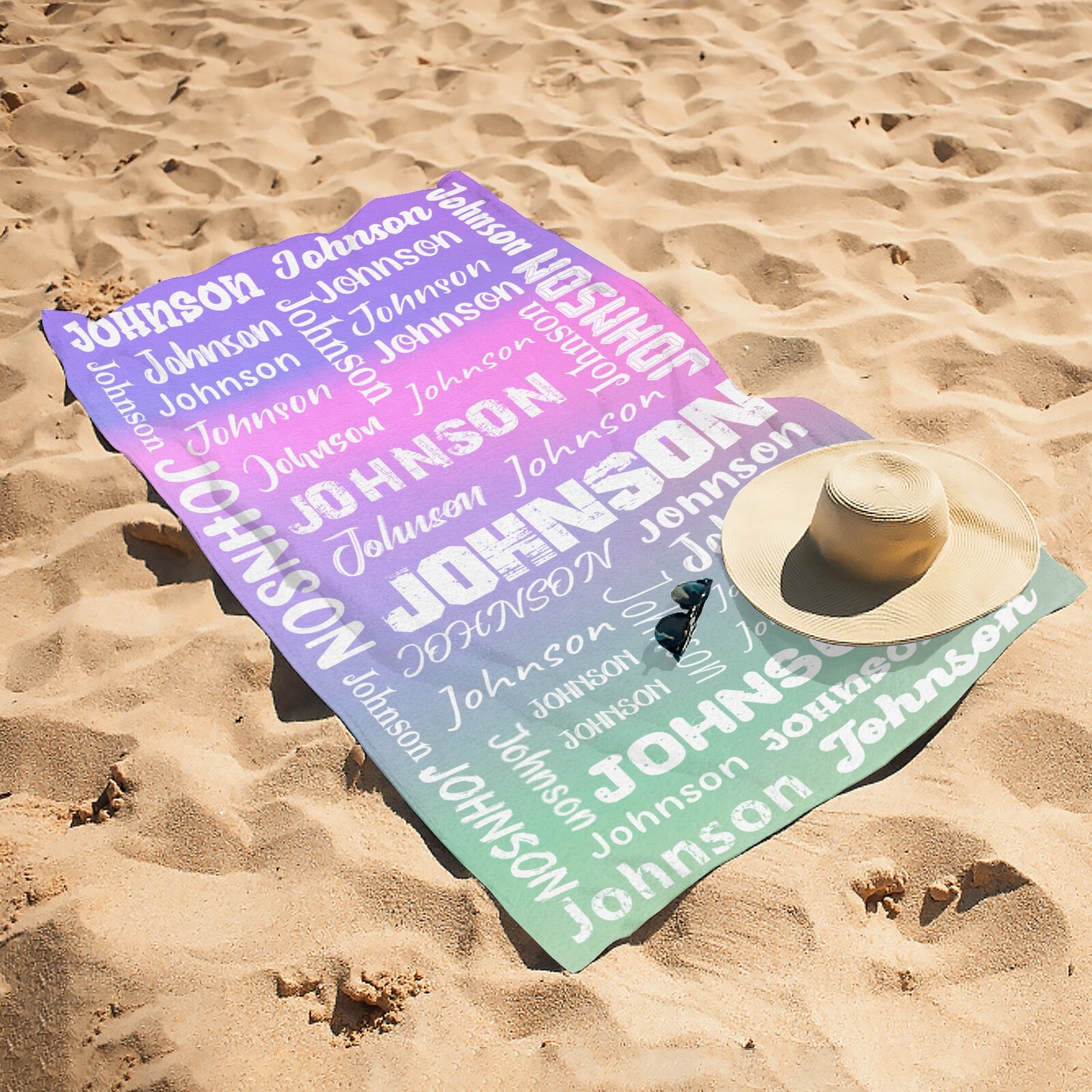 Purple Green Beach Towel Custom Cotton/Poly Blend Pool Towel - Blue - Personalize with Your Name - Standard Size