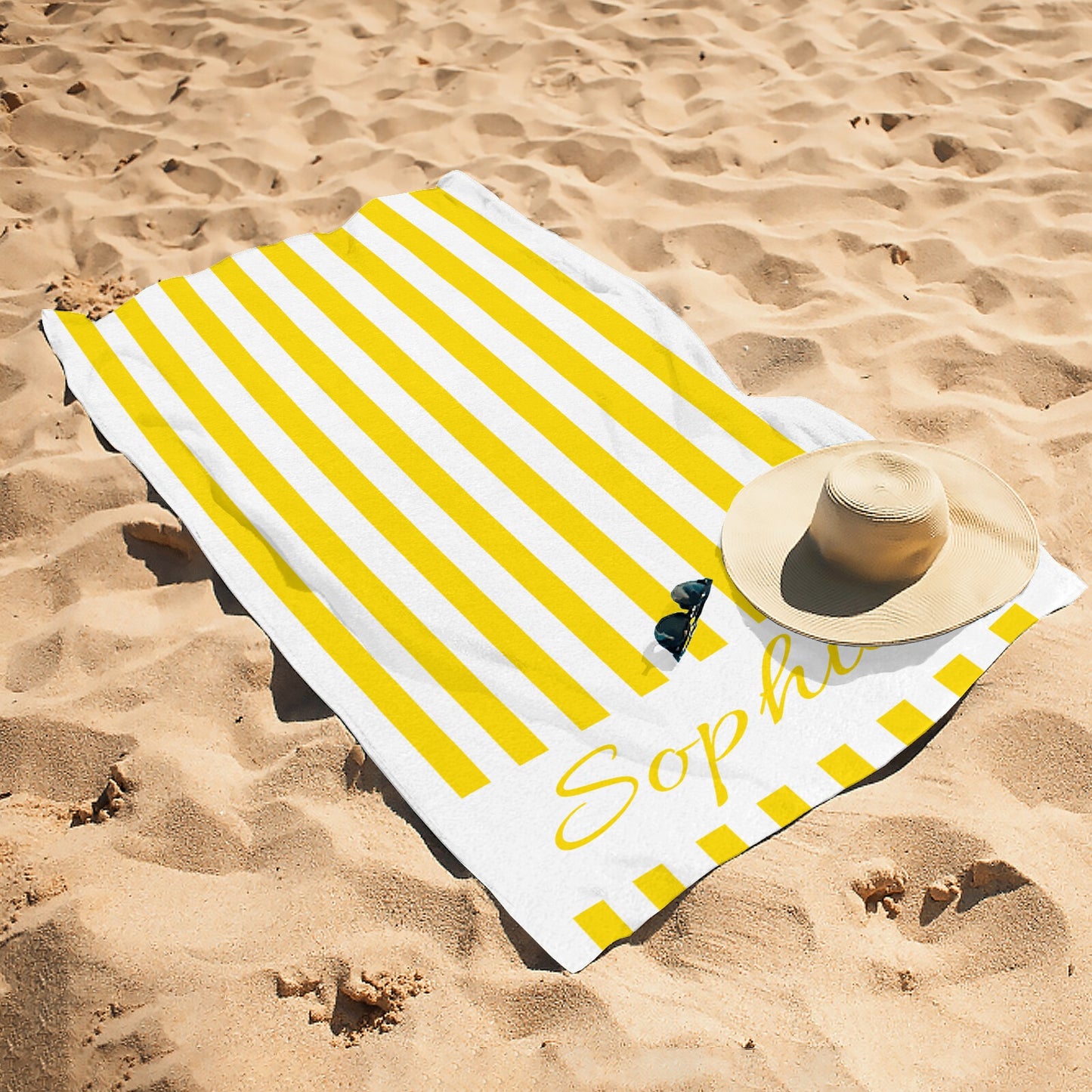 Yellow Stripe Beach Towel Custom Cotton/Poly Blend Pool Towel - Blue - Personalize with Your Name - Standard Size