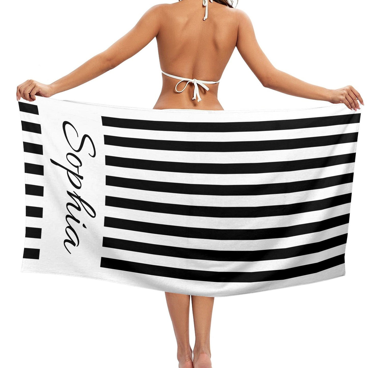 Black Stripe Beach Towel Custom Cotton/Poly Blend Pool Towel - Blue - Personalize with Your Name - Standard Size