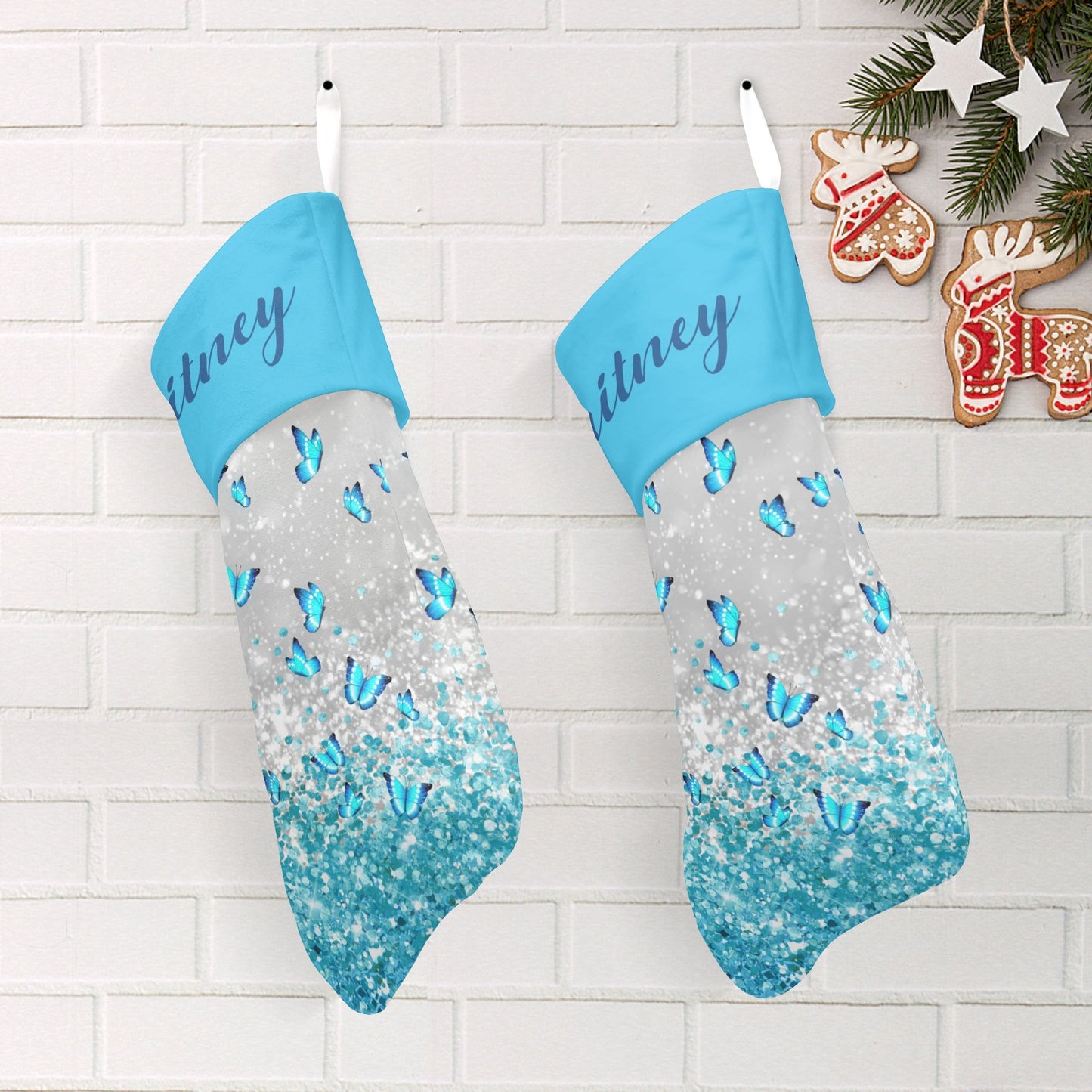 Blue Butterfly Christmas Stocking Custom Name Christmas Socks Gift