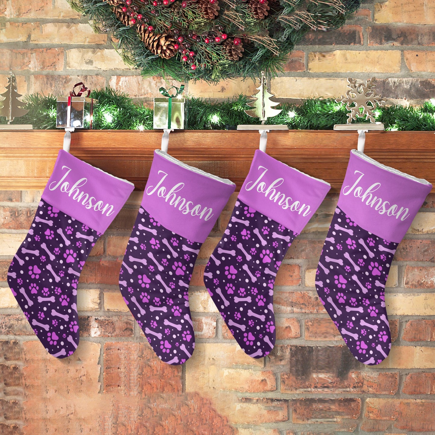 Dog Paw Purple Christmas Stocking Custom Name Christmas Socks Gift