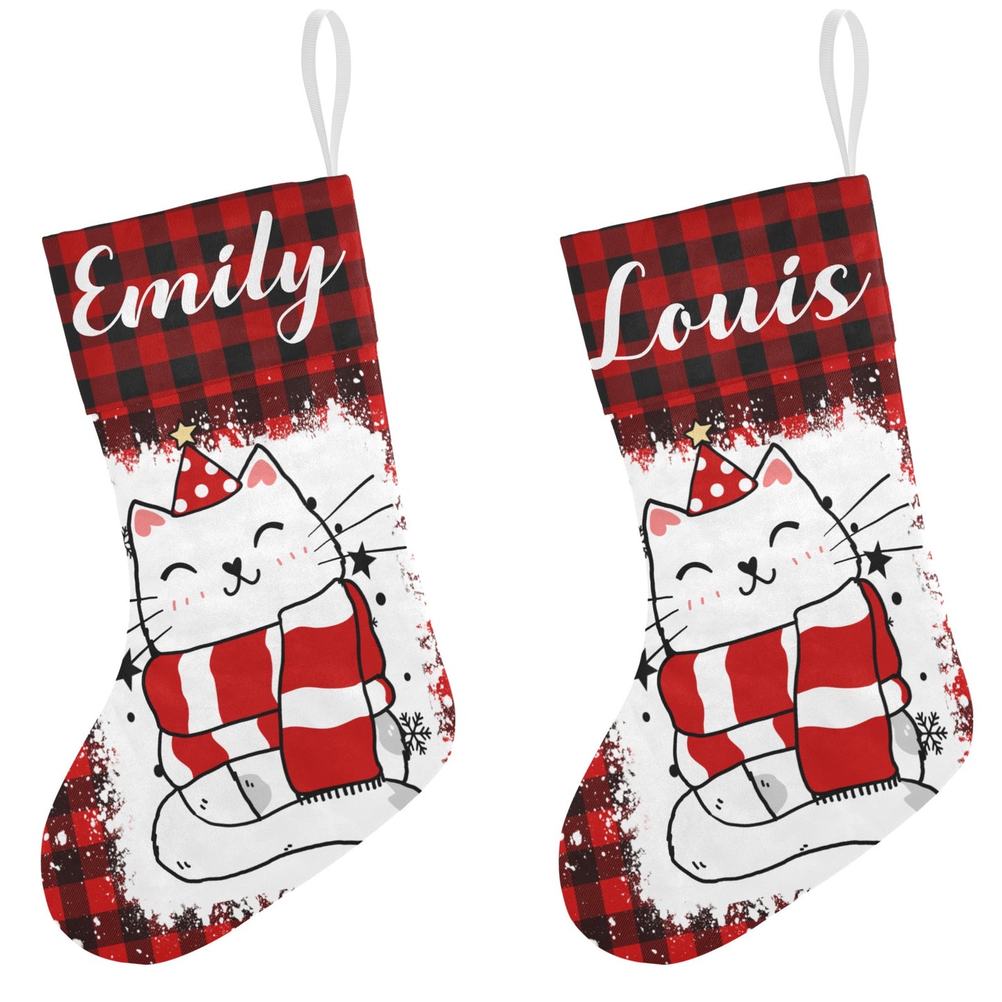 Buffalo Plaid Cat Christmas Stocking Custom Name Christmas Socks Gift