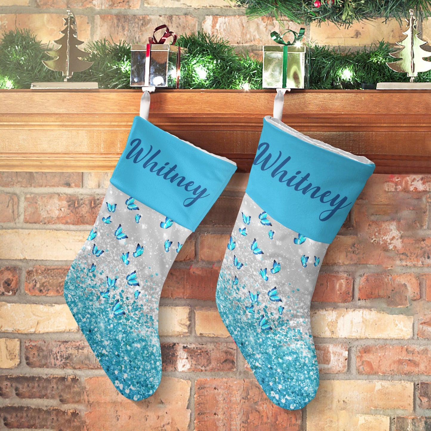 Blue Butterfly Christmas Stocking Custom Name Christmas Socks Gift