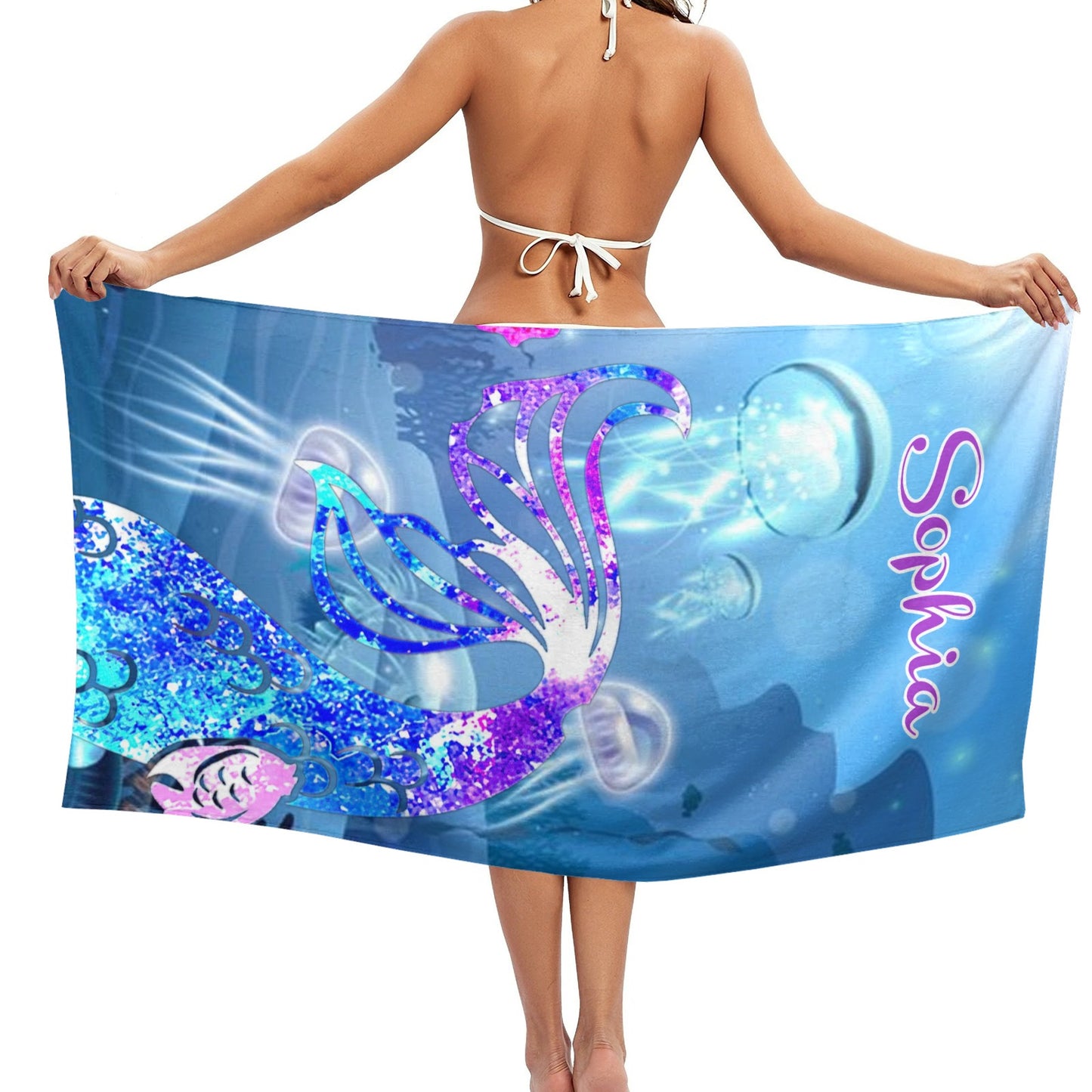 Mermaid Tail Beach Towel Custom Cotton/Poly Blend Pool Towel - Blue - Personalize with Your Name - Standard Size