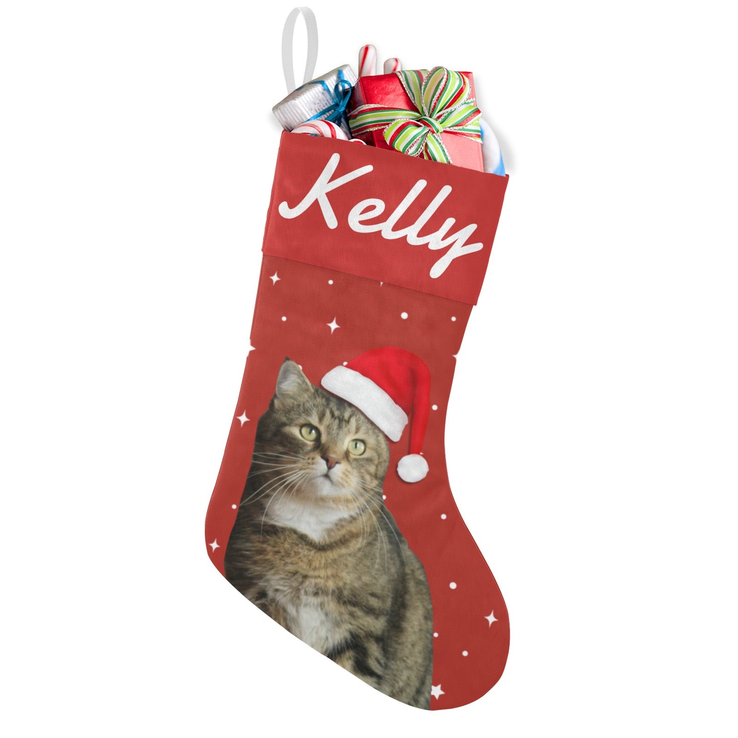 Cat Red Christmas Stocking Custom Name Santa Socks Gift