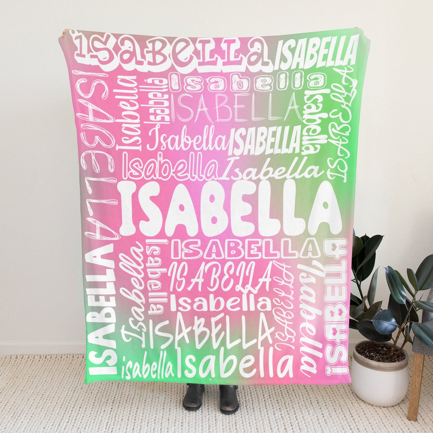 Pink Green Gradient Flannel Blanket Name Blanket Personalized Blanket for Adult Kids Flannel Customize Throw Blanket Custom