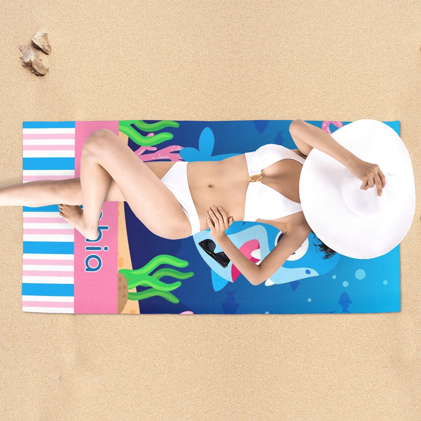 Shark Beach Towel Custom Cotton/Poly Blend Pool Towel - Blue - Personalize with Your Name - Standard Size