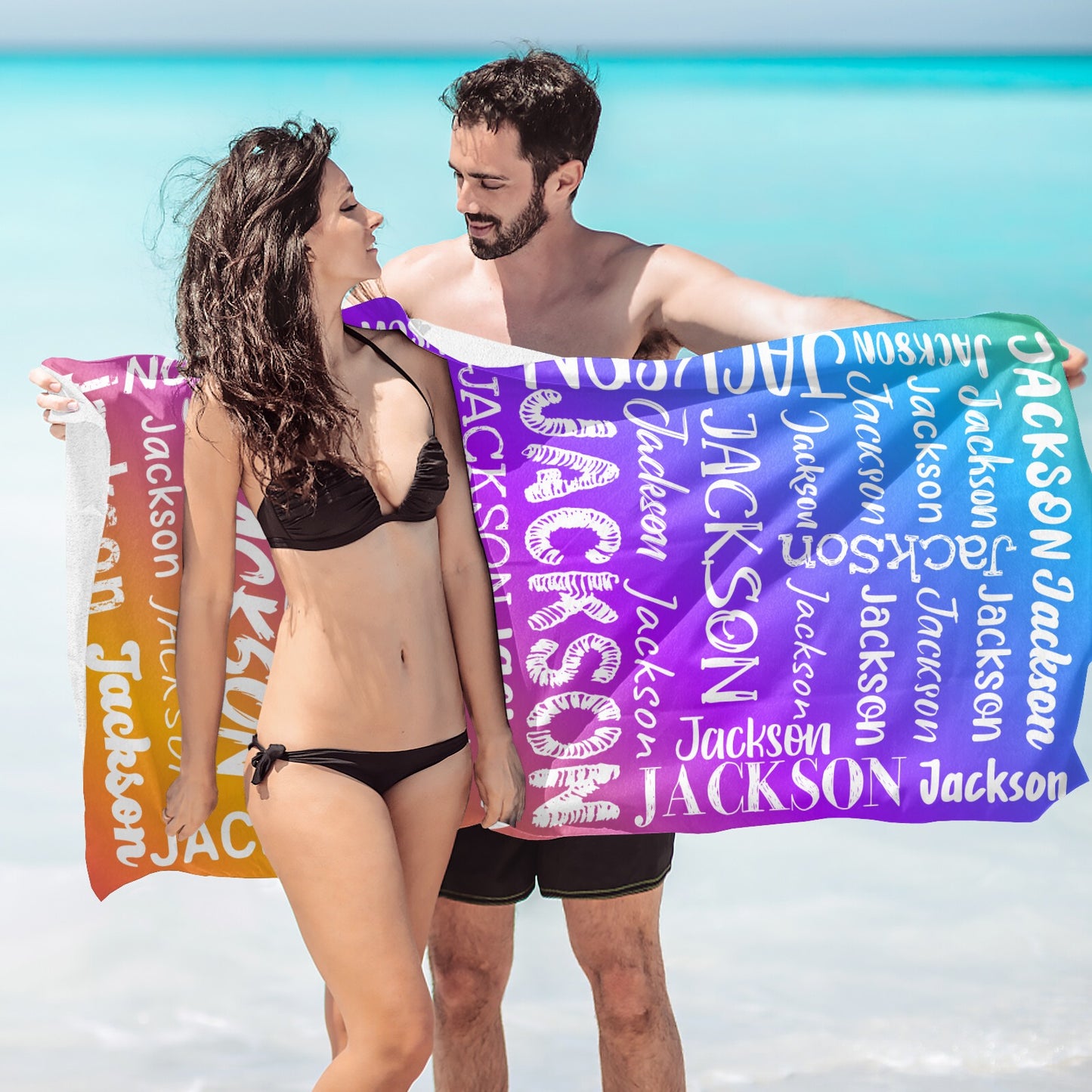 Colorful Beach Towel Custom Cotton/Poly Blend Pool Towel - Blue - Personalize with Your Name - Standard Size