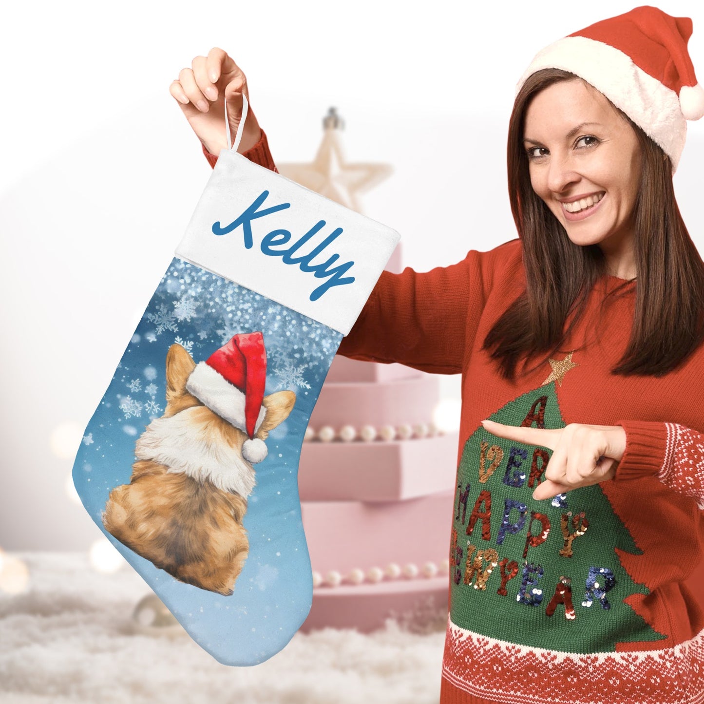 Dog Sky Blue Christmas Hat Christmas Stocking Custom Name Santa Socks Gift