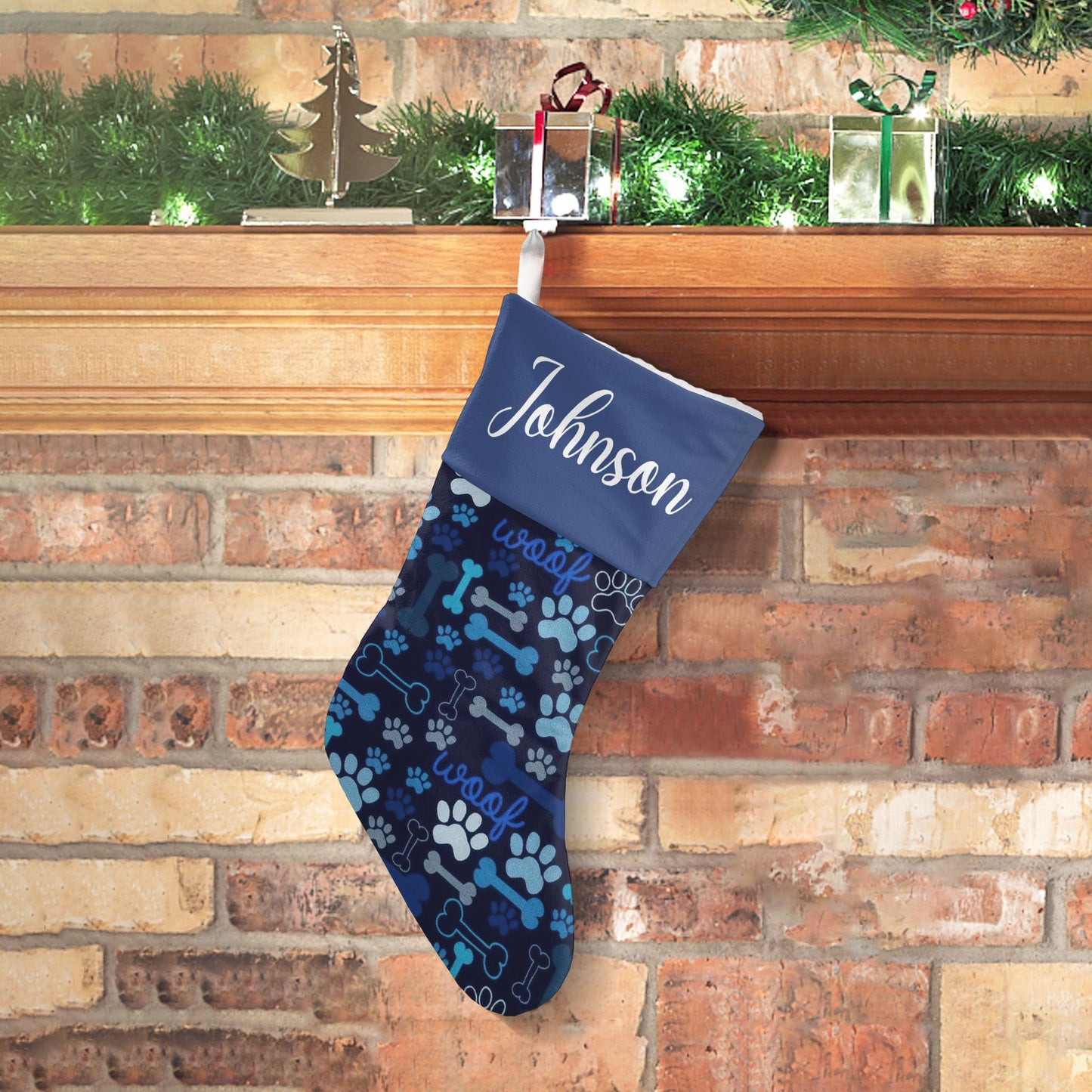 Dog Paw Navy Christmas Stocking Custom Name Christmas Socks Gift