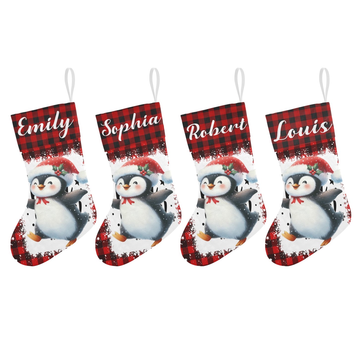 Buffalo Plaid Penguin Christmas Stocking Custom Name Christmas Socks Gift