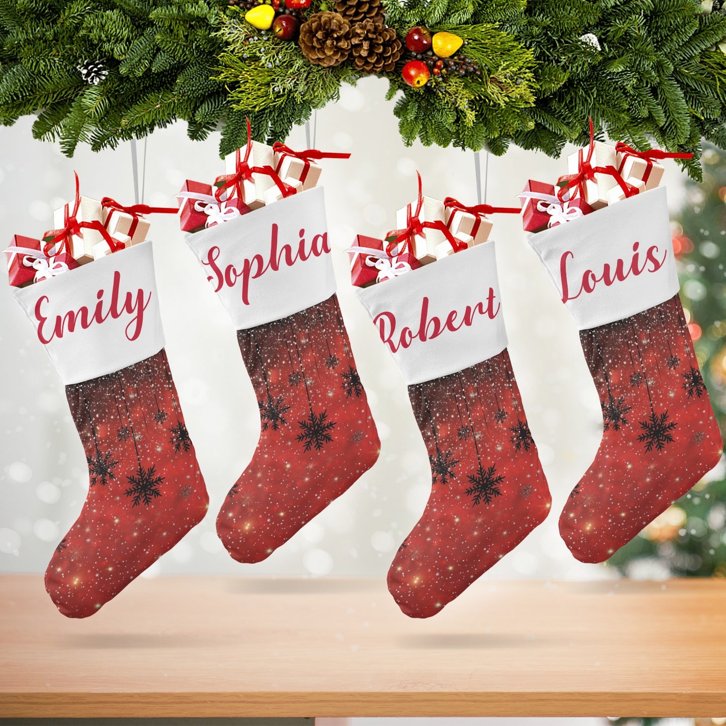 Snowflakes Red Christmas Stocking Custom Name Christmas Socks Gift