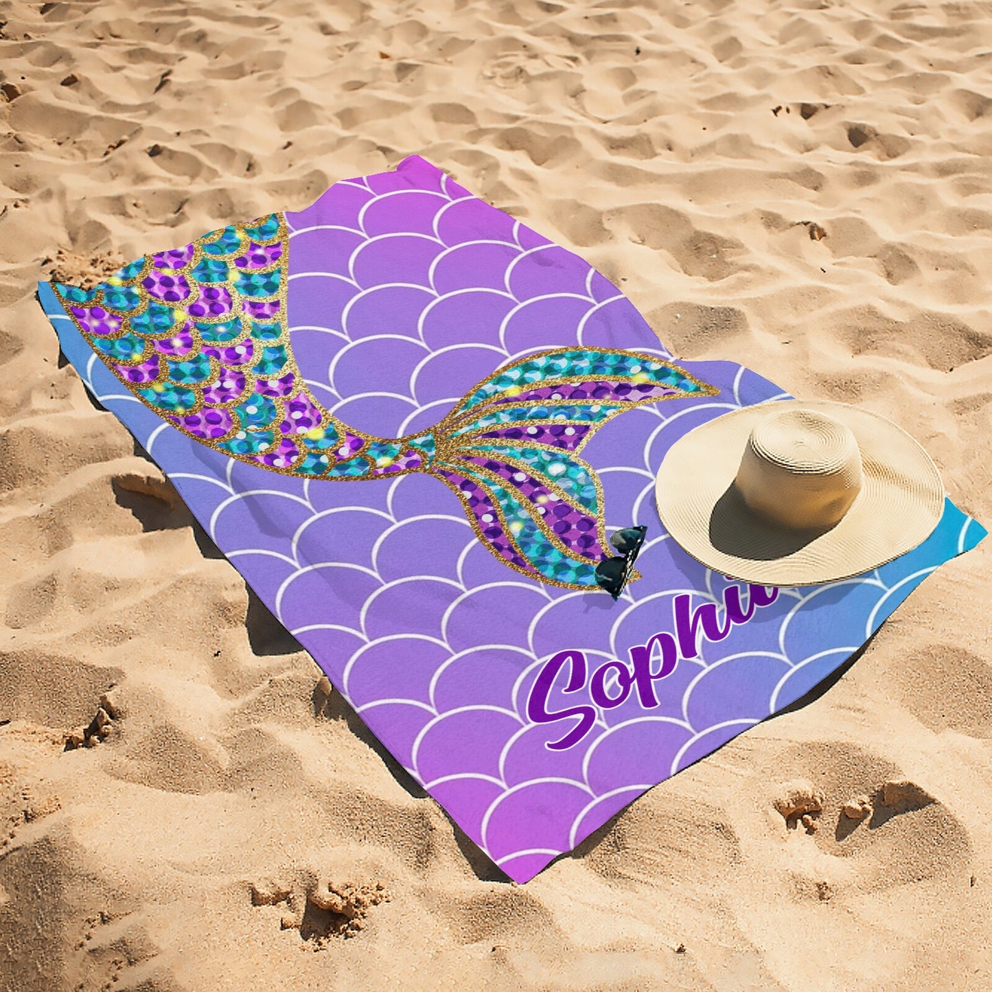 Purple Mermaid Tail Beach Towel Custom Cotton/Poly Blend Pool Towel - Blue - Personalize with Your Name - Standard Size