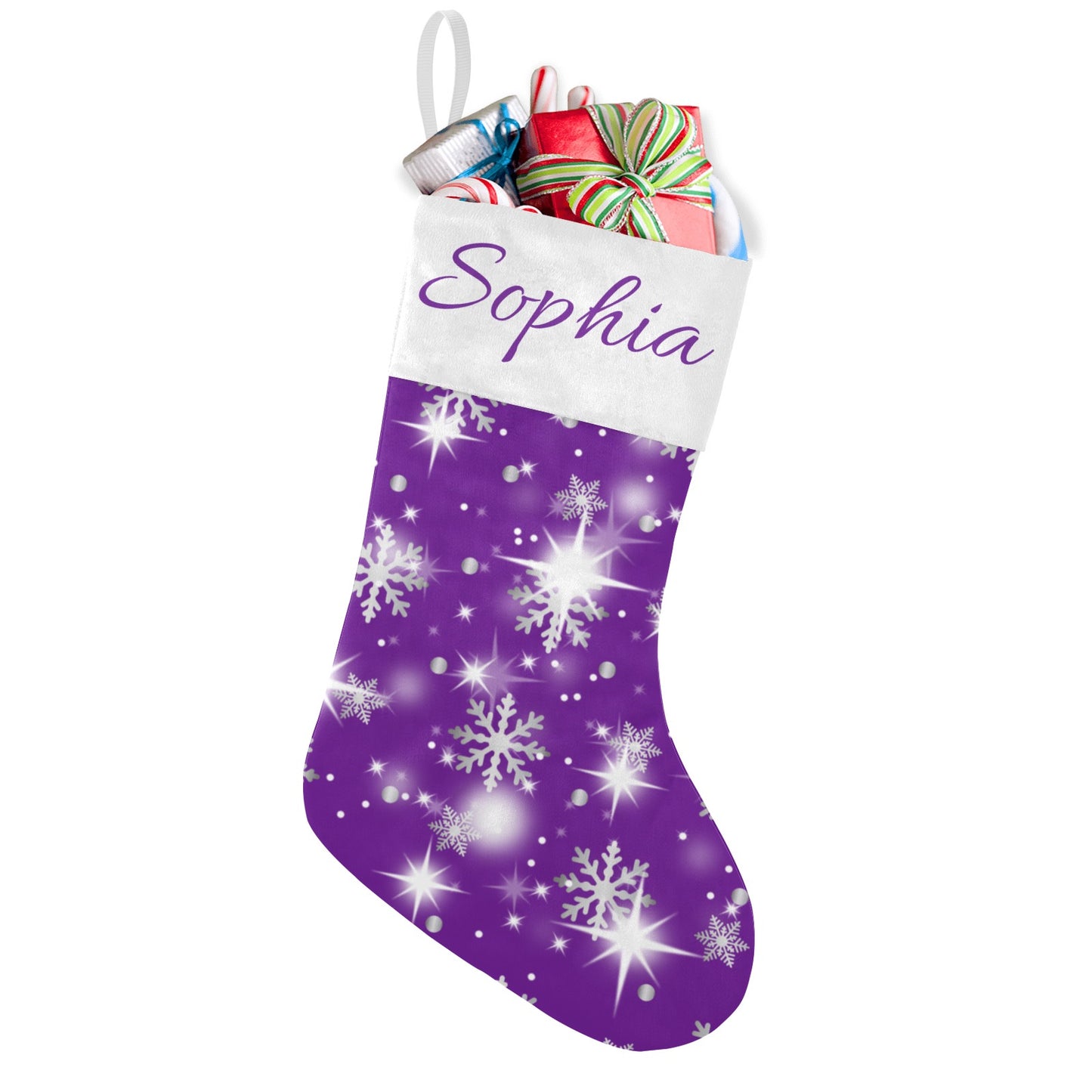 Snow flake purple Christmas Stocking Custom Name Santa Socks Gift