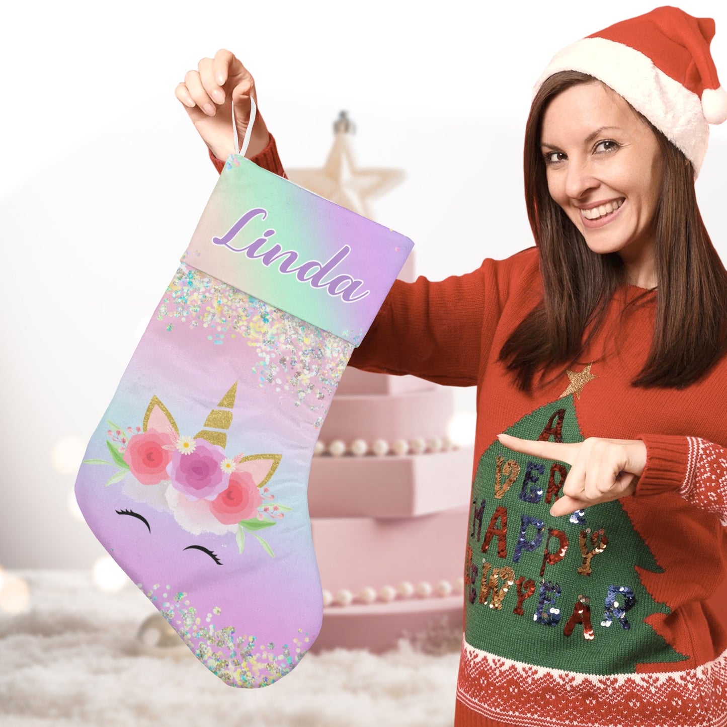 Unicorn Pink Christmas Stocking Custom Name Christmas Socks Gift